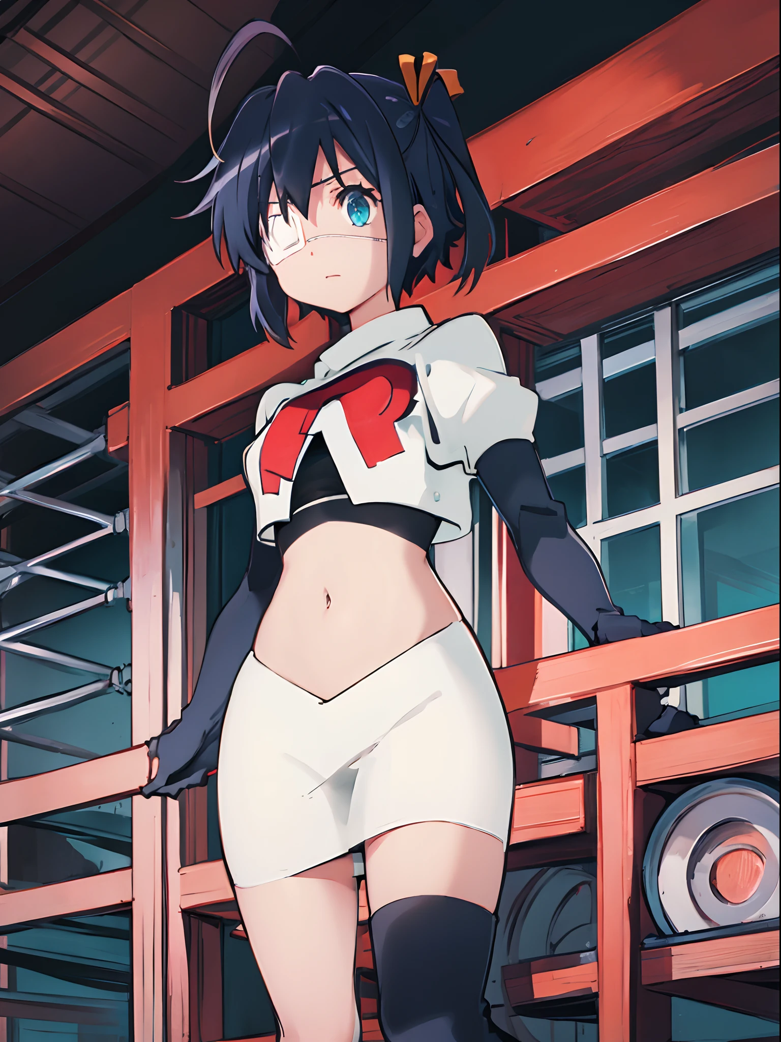 girl in a panty, wearing oven mittens tucked in pockets, blindfold