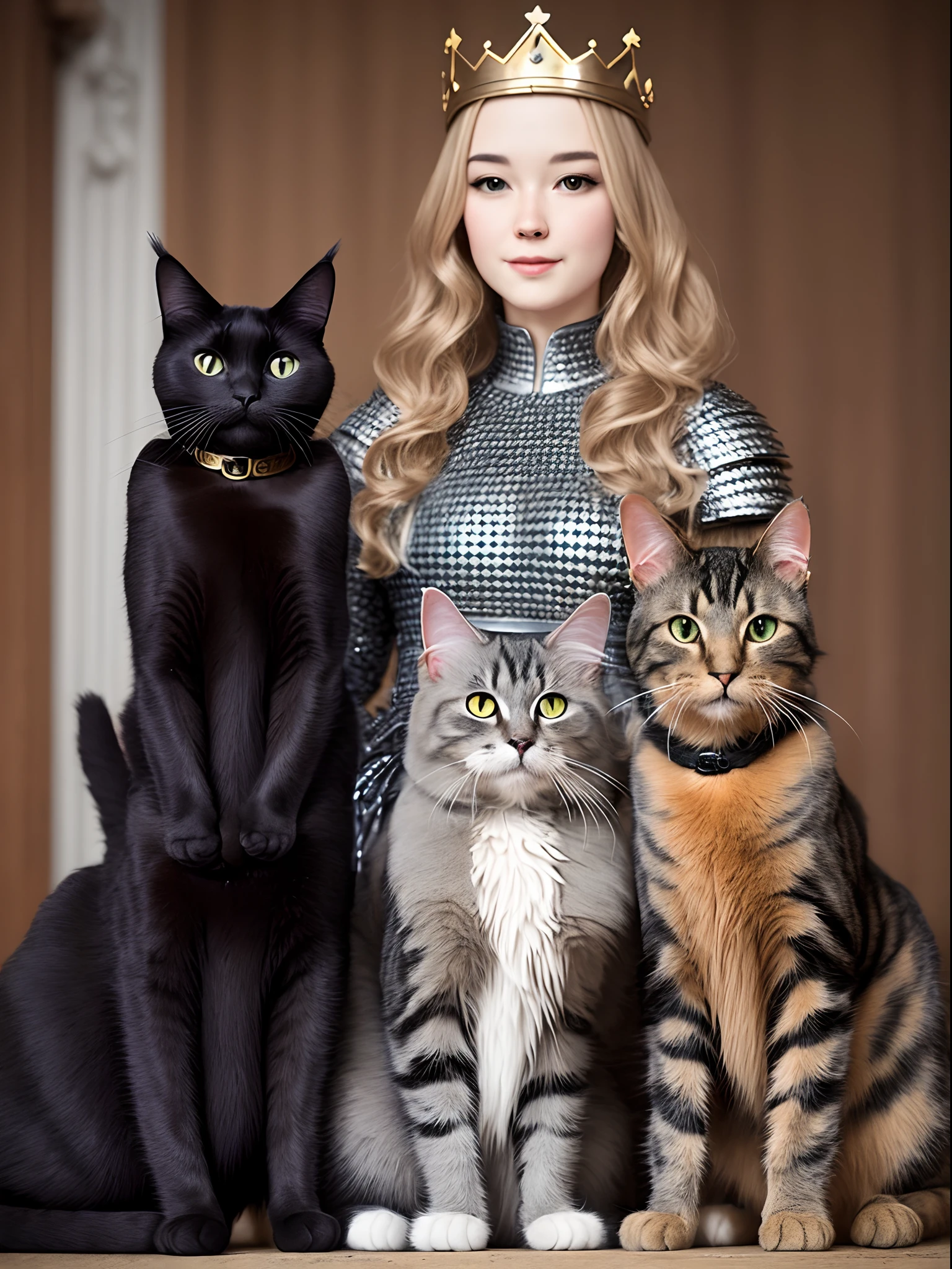 Maine coon cat as a queen with black cat as knight and tabby as rogue