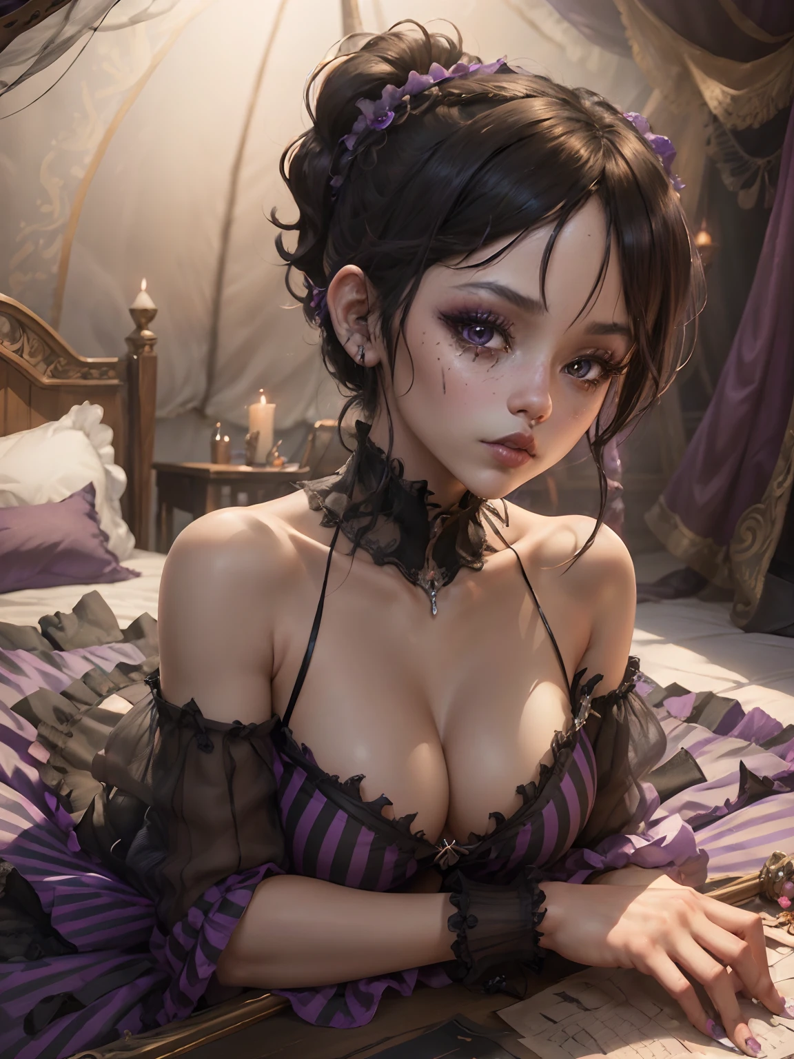 Beautiful Alluring Gothic Clown jenna ortega, Fantasy Theme, Bare Skin, inside a circus tent, Purple And Black Stripes, Gothic Clown Makeup, Frilly Outfit, pigtails hairstyle, inside a circus tent, laying on a bed, Barely Clothed, Beautiful D&D Character Portrait, Ominous, Dark Fantasy, Detailed, Digital Art, Extreme Detail, Polished, Beautiful, Hyperdetailed, Intricate, Elaborate, Meticulous, Anime Character, Detailed, Anime Face, Sharp Focus, Unreal Engine, 3d Rendered, Volumetric Lighting, Reflections, Glossy, Digital Illustration, Sensual Pose, Suggestive Pose, Full Body Shot, 💖❤💕💋❣