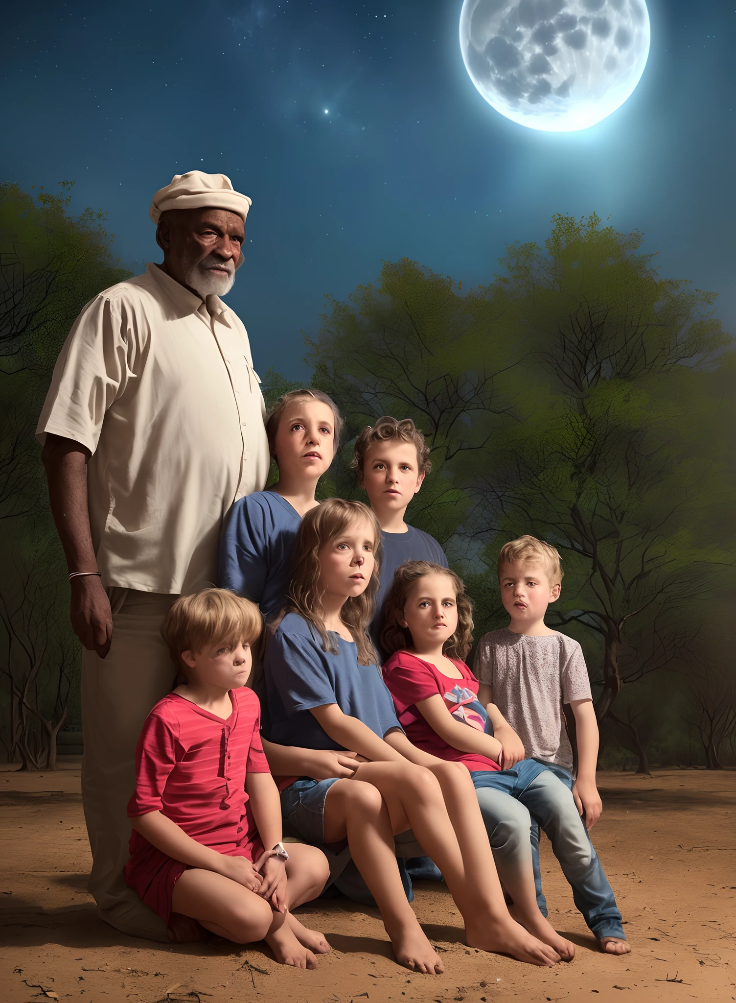 A realistic 3D,portrait,4K picture of a very old black man,sitting under a tree shade,with 3 young children,in the dark,with the moonlight shining,looking straight to the camera.