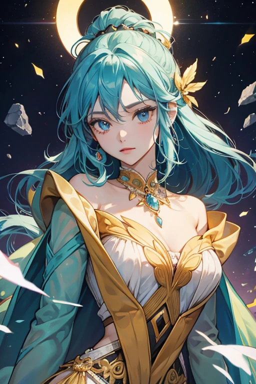 Reina de hielo, hermosa, senos grandes, delgada, vestido elegante, cabello azul celeste, sonrojada, vestido elegante, mujer
