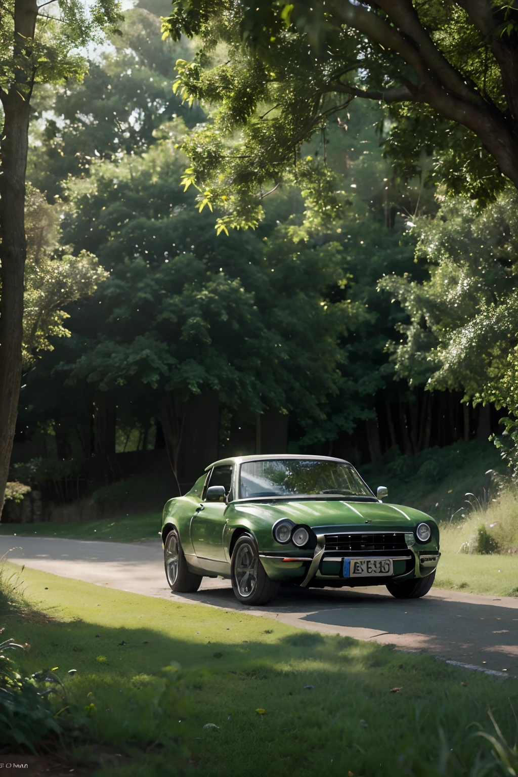 A motor car glitters in the verdant countryside, surrounded by vibrant Bolides. The best quality (4k, 8k, highres, masterpiece:1.2), ultra-detailed, and realistic (photorealistic, photo-realistic:1.37) image captures the essence of this picturesque scene. The car shines under the vivid colors of the sun, highlighted by the bokeh effect. A professional-grade photograph or painting with sharp focus and physically-based rendering brings the artwork to life, showcasing every detail of the car and its surroundings. The landscape exhibits a refreshing green countryside with rolling hills, flourishing trees, and a clear blue sky. The sunlight softly illuminates the scene, creating a warm and inviting atmosphere. The lush grass and leaves sway gently in the breeze, adding a sense of tranquility to the artwork.