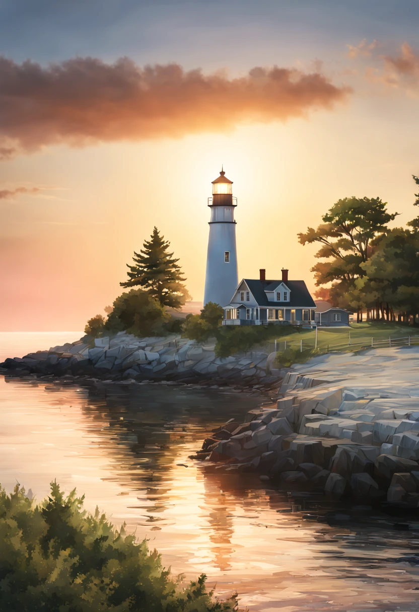 lighthouse on a cape in a small township in the northern united states, modern days, summer, warm sunset, soft light of the evening sun, setting sun, sea, trees, realistic, cinematic, soft colors, ultra quality, hyper realistic, super detailed