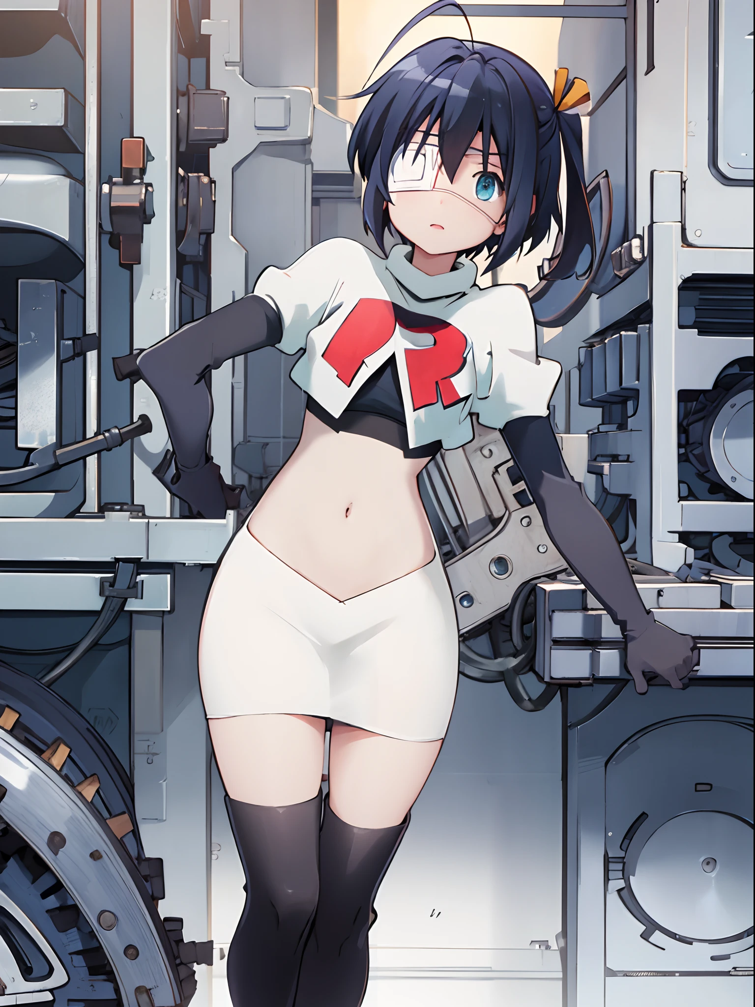 ph rikka, 1girl, :o, jacket, blazer, aqua eyes,team rocket,team rocket uniform,white skirt,crop top,black thigh-high boots,black elbow gloves,