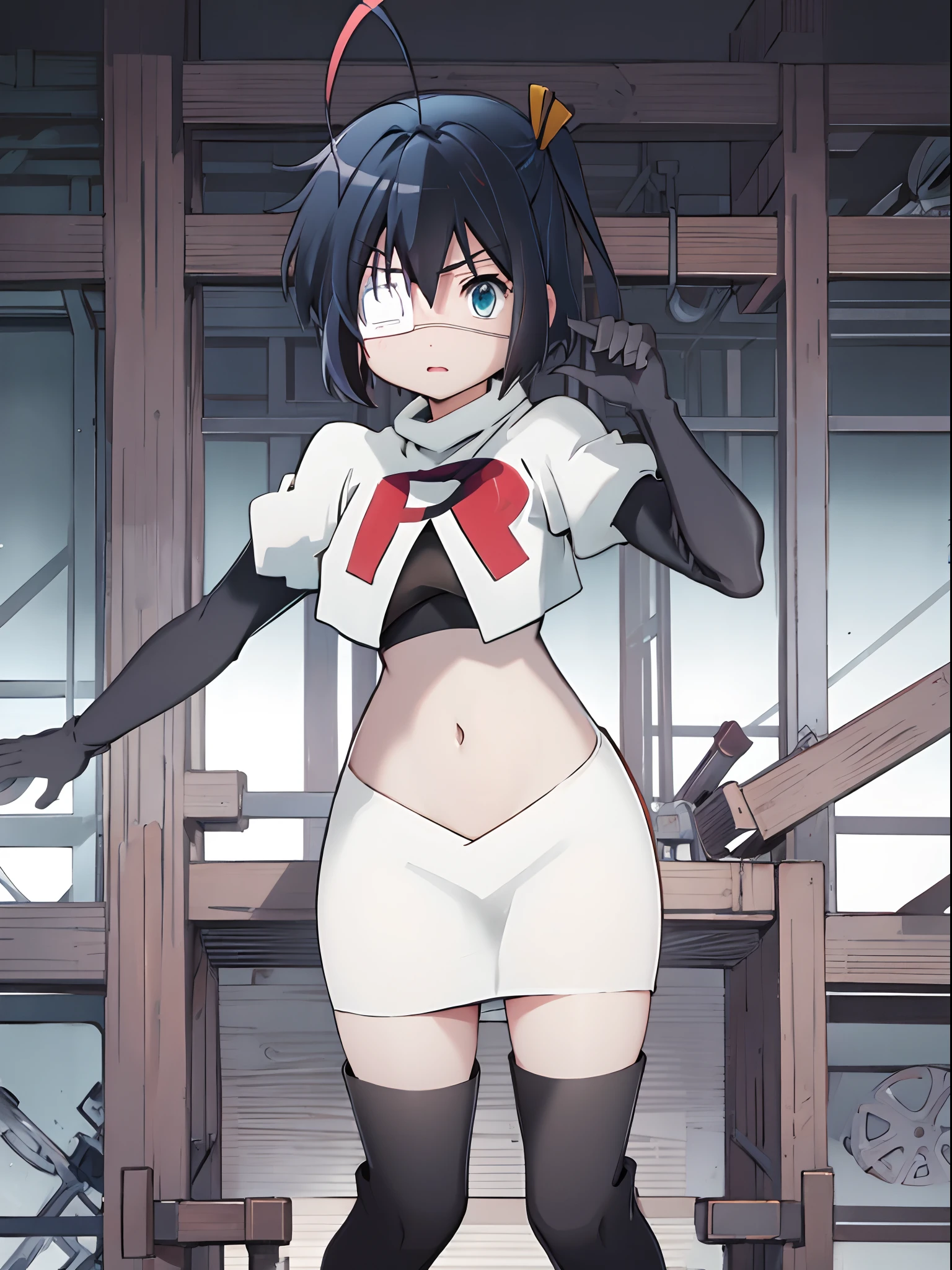 ph rikka, 1girl, :o, jacket, blazer, aqua eyes,team rocket,team rocket uniform,white skirt,crop top,black thigh-high boots,black elbow gloves,