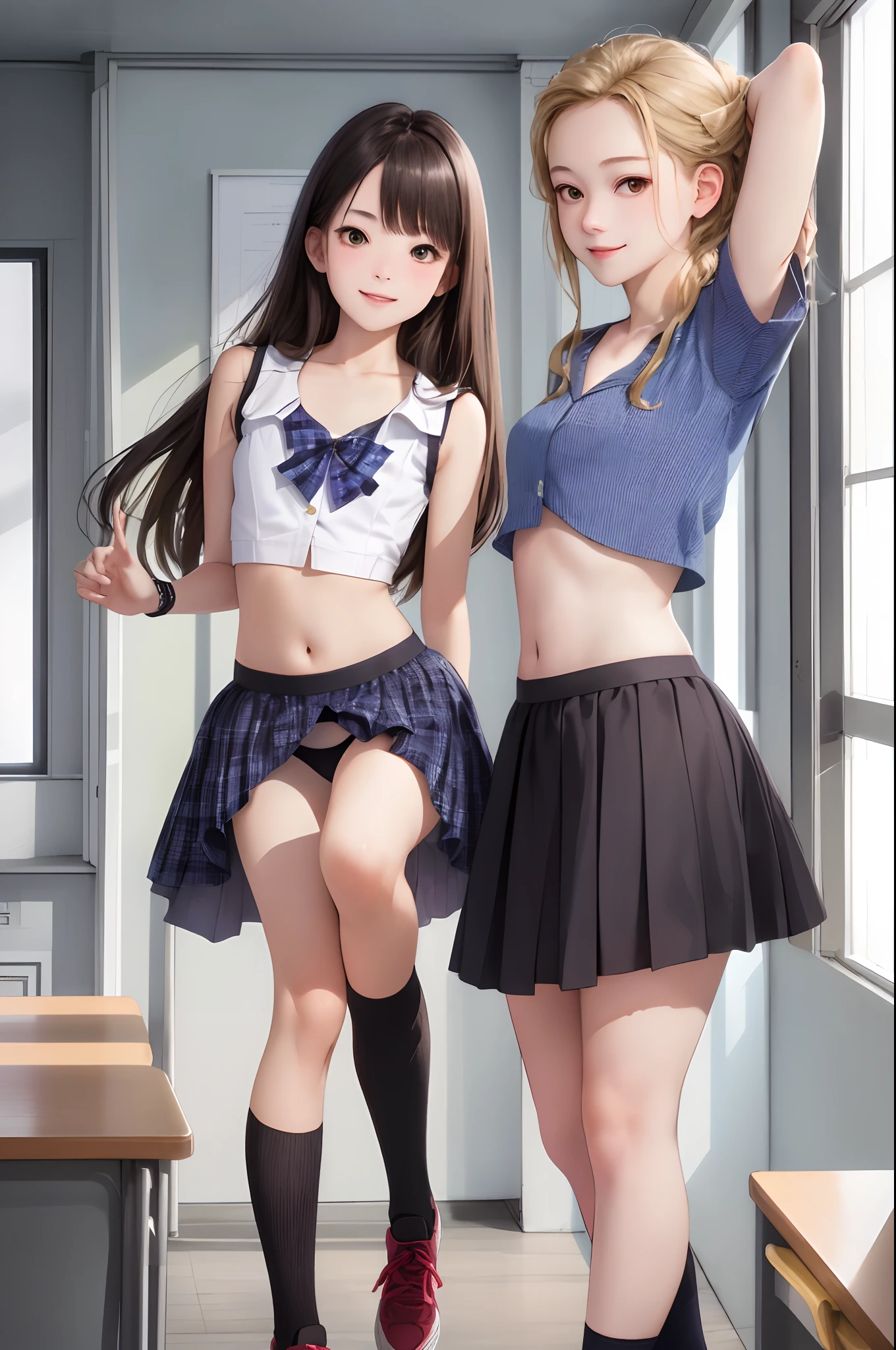 (Top resolution、Top resolution、ultra res)、(Raw photo、Realism: 1.4)、(flat-chest、small tits: 1.5)、, 2girls、(Cute underwear), a blond, Understated and prim full body photo, Smiling, ‎Classroom、Perfect lower body shape、Constricted waist、knee high socks