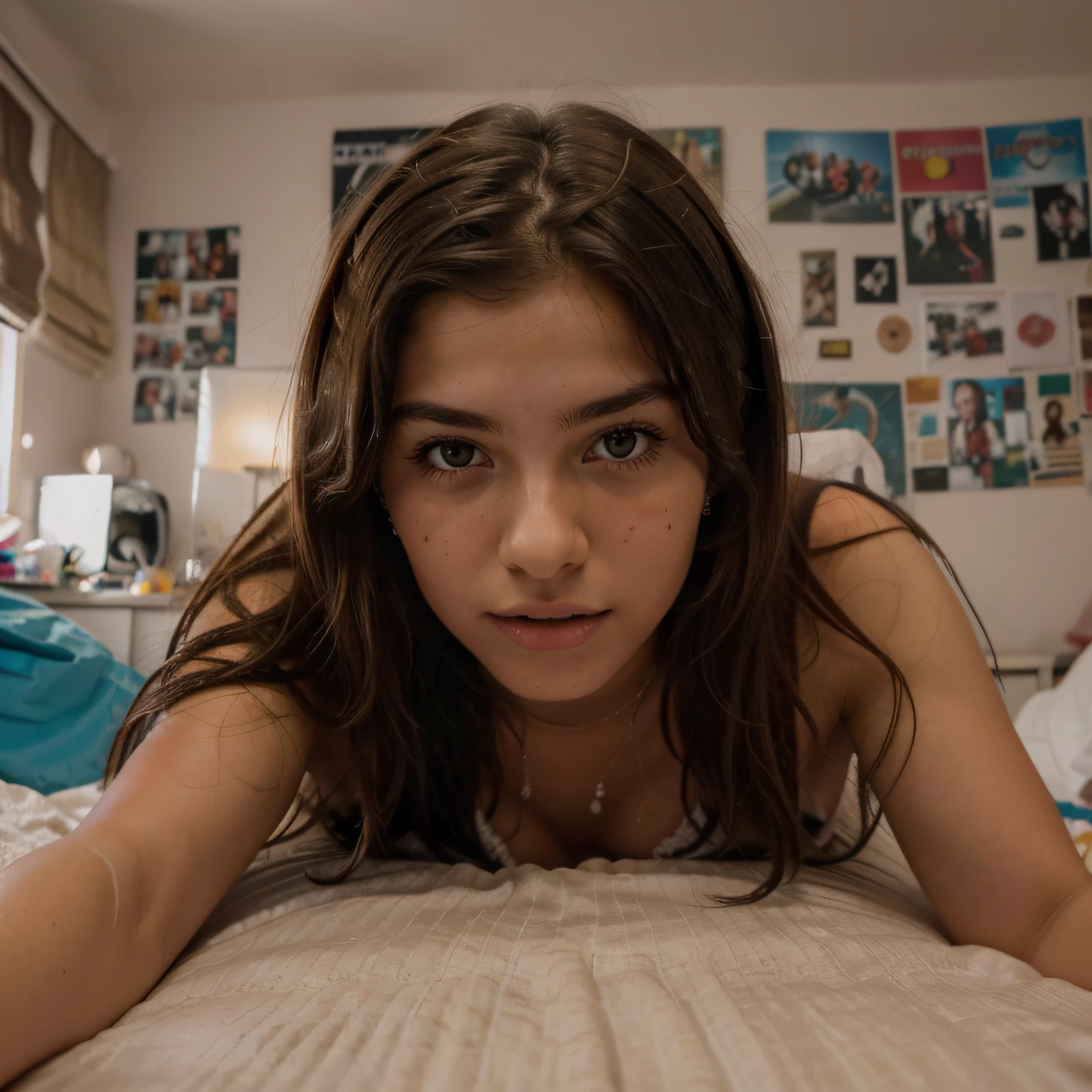 (((hd closeup photo))) lying in bed argentine girl mikaela Sorin looking at camera, miling. 17 years old, in his messy teenager room (((mikaela Sorin)))