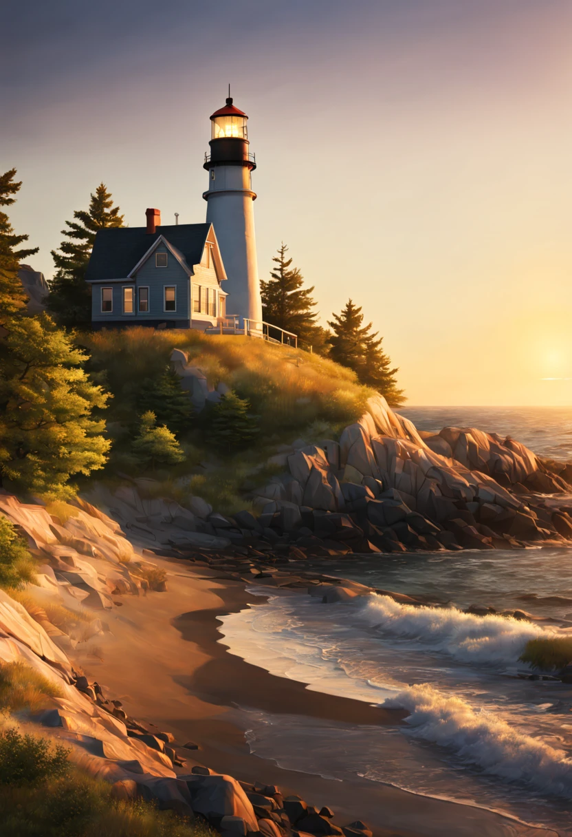 lighthouse on a cape in a small township in the northern united states, modern days, summer, warm sunset, soft light of the evening sun, setting sun, sea, trees, realistic, cinematic, soft colors, ultra quality, hyper realistic, super detailed