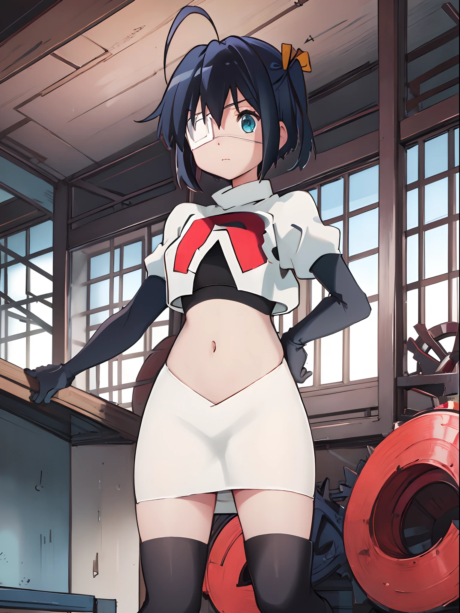 ph rikka, 1girl, :o, jacket, blazer, aqua eyes,team rocket,team rocket uniform,white skirt,crop top,black thigh-high boots,black elbow gloves,