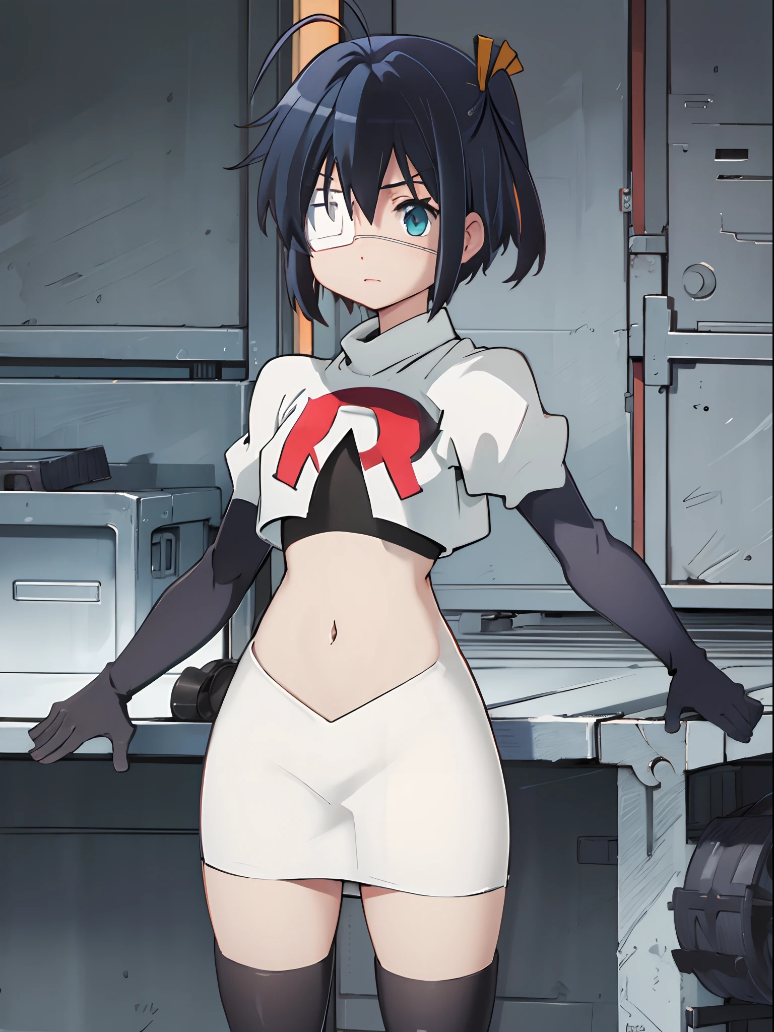 ph rikka, 1girl, :o, jacket, blazer, aqua eyes,team rocket,team rocket uniform,white skirt,crop top,black thigh-high boots,black elbow gloves,