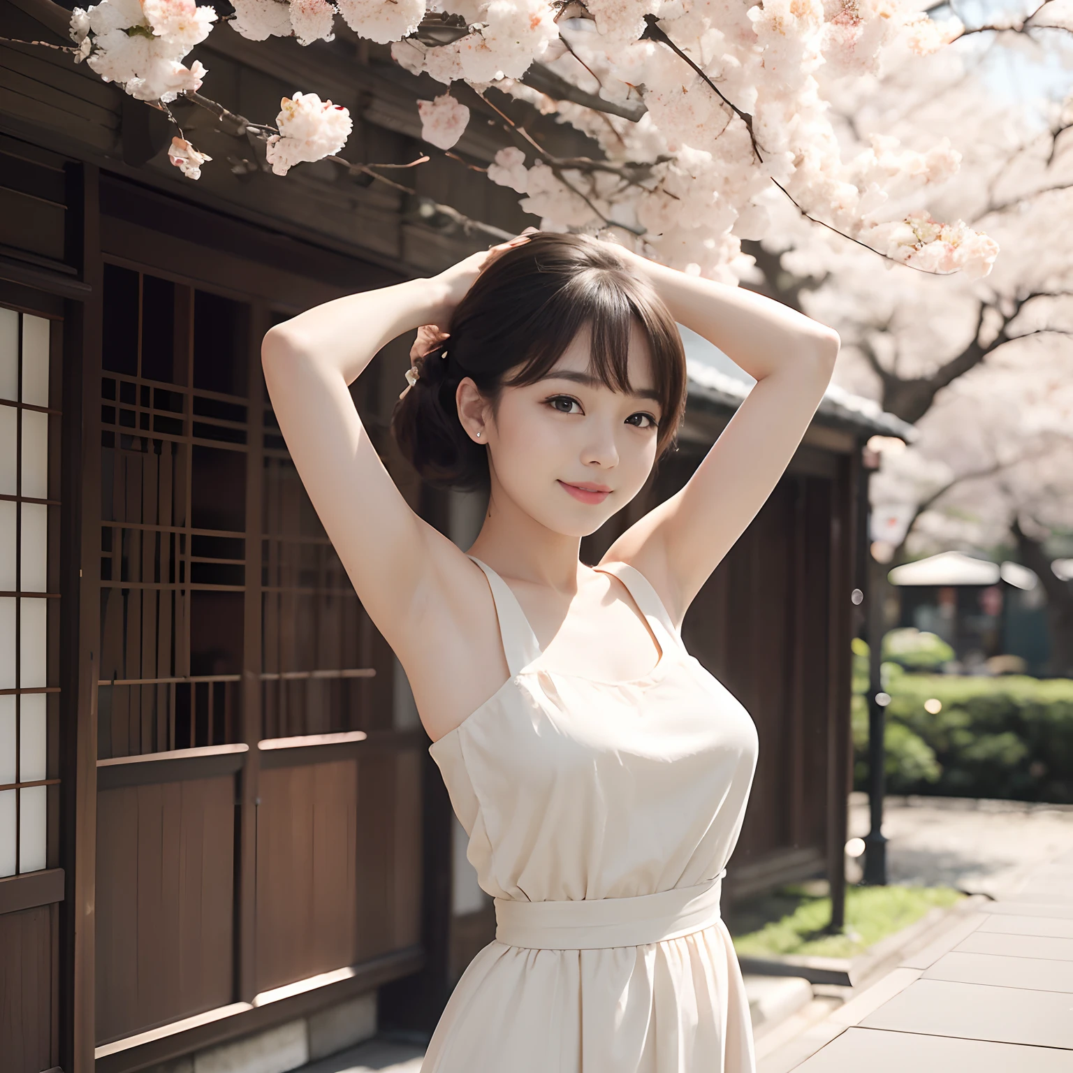 retro photography, 1960s-era , AGFA, Kodak, 1girl in, Portrait, up looking_で_viewer, Smile, Japan, tokyo prefecture, cherry blossom, Octane Render, Solo, rtrophto1,beige sleeveless dress,armpit,hands behind head