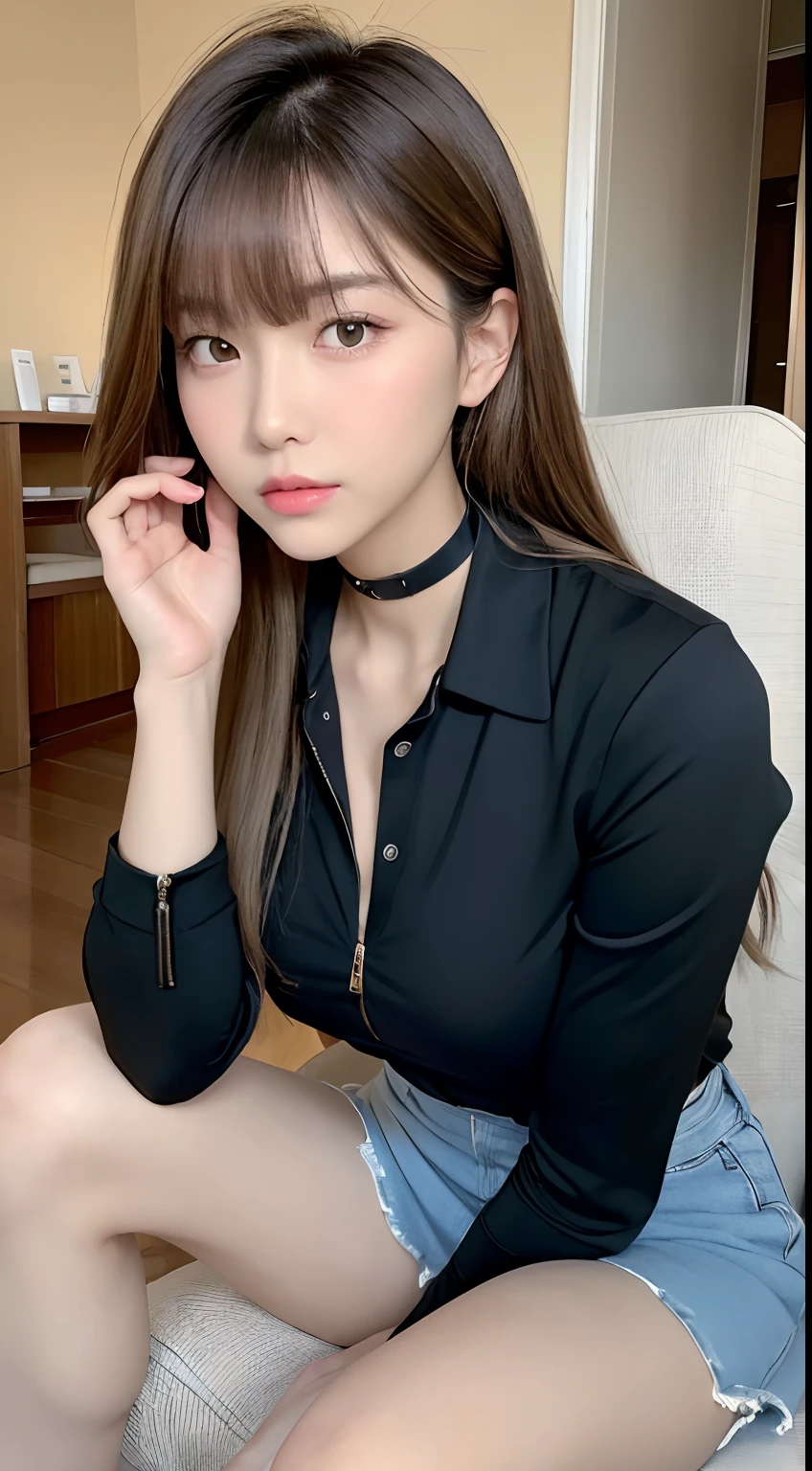 (Best Quality, 8K, masutepiece, Ultra HD: 1.3), 1girl in, small tits ,light brown hair, Blunt bangs, hair behind ear, hair over shoulder, Long hair, slender body shape, Ultra Fine Face, Delicate lips, Beautiful eyes, Double eyelids, lipsticks, thin blush ,Black eyes ,perfect glossy skin,flawless skin,fair white skin,perspiring,A gaze that invites you, Chest,Ultra-thin hands, Ultra-fine fingers, shirt with collar, tight skirts , beauty legs ,Low Heels. Furano in summer、In the middle of a date