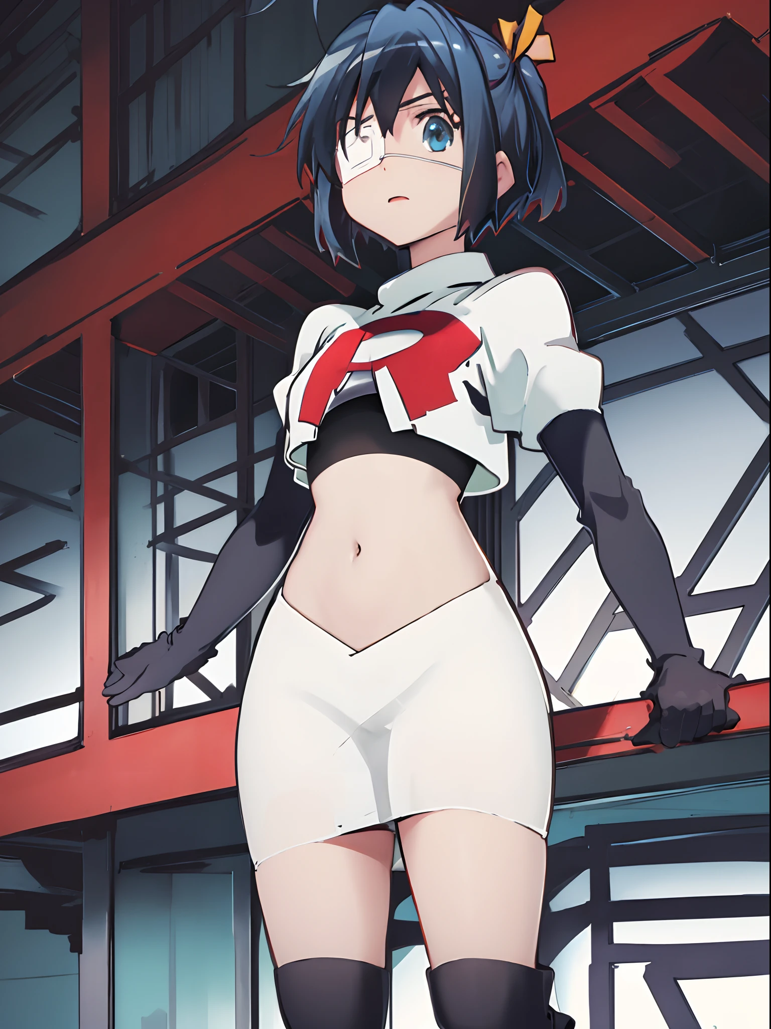 ph rikka, 1girl, :o, jacket, blazer, aqua eyes,team rocket,team rocket uniform,white skirt,crop top,black thigh-high boots,black elbow gloves,