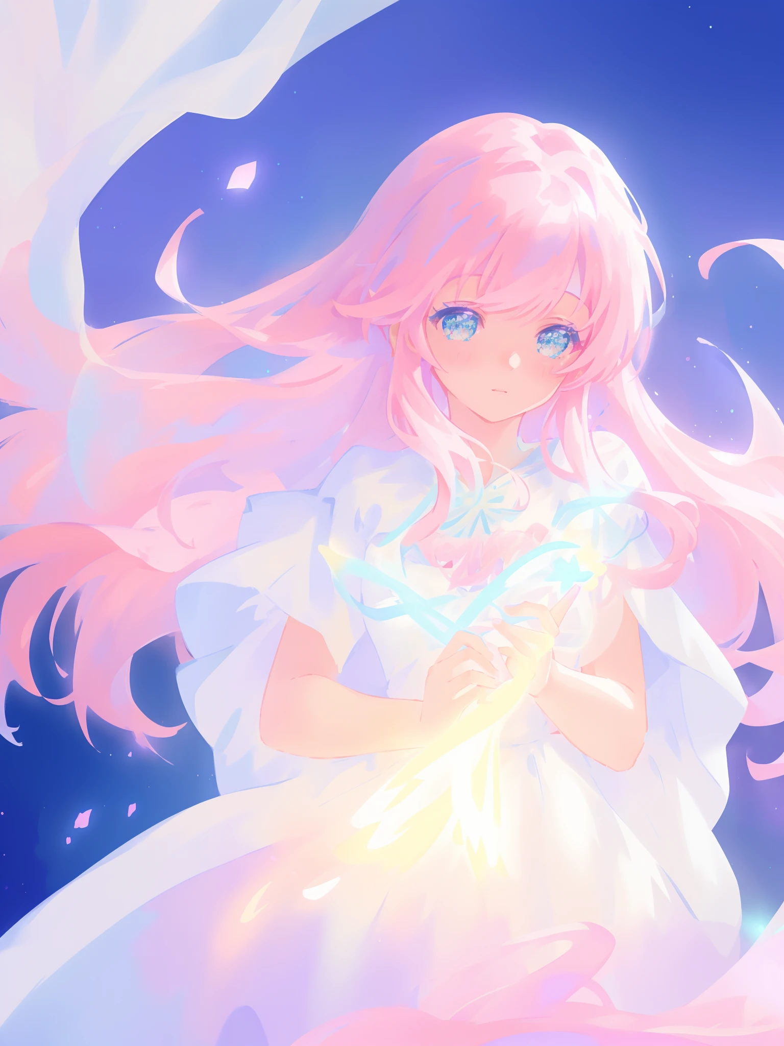 beautiful girl in glowing white dress, ((flowing white ballgown)), vibrant pastel colors, (colorful), magical lights, long flowing colorful pink hair, ((glowing aura around her)), flowing glowing hair, fantasia landscape background, whimsical, magical, fantasy, beautiful face, ((masterpiece, best quality)), intricate details, highly detailed, sharp focus, 8k resolution, sparkling detailed eyes, liquid watercolor