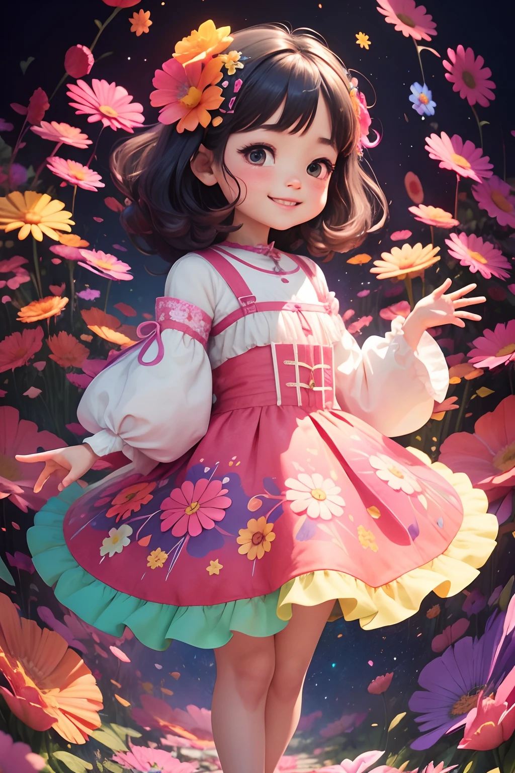 Extremely detailed,(Fractal Art:1.1),(Colorful:1.1)(Flowers:1.3)、 (Dynamic Pose), (Abstract background:1.3)、(Many colors:1.4)、Place one small doll on a circular stand、kawaii pose、A smile、A dark-haired、Chibi Doll、Stars in the eyes（kirakira）、Singing with microphone in hand、Eye Up、Laugh、Cute red shoes、Ultra Detail, radiant light、bio luminescent、Stronger bokeh effect、Taken from the side
