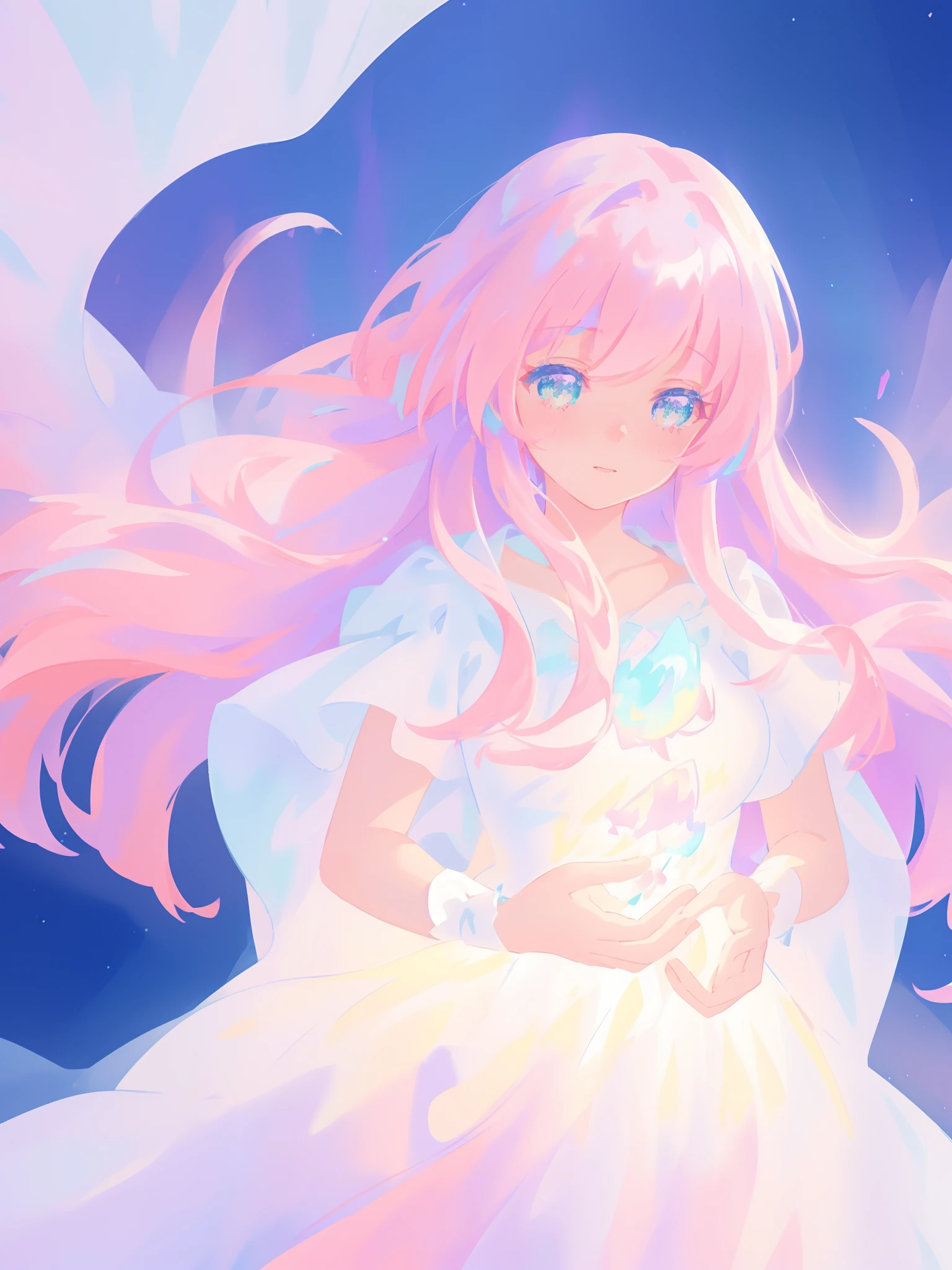 beautiful girl in glowing white dress, ((flowing white ballgown)), vibrant pastel colors, (colorful), magical lights, long flowing colorful pink hair, ((glowing aura around her)), flowing glowing hair, fantasia landscape background, whimsical, magical, fantasy, beautiful face, ((masterpiece, best quality)), intricate details, highly detailed, sharp focus, 8k resolution, sparkling detailed eyes, liquid watercolor
