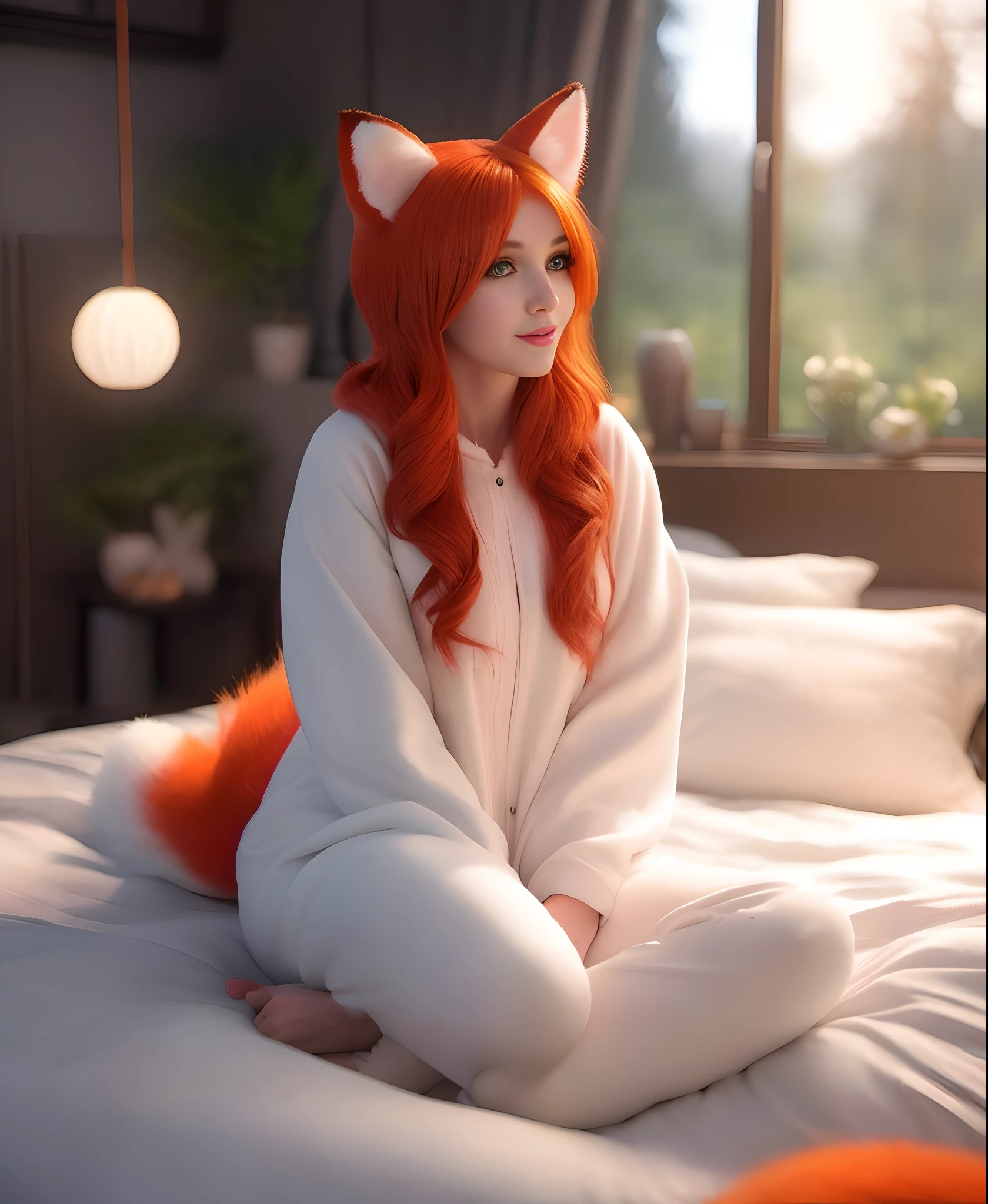 There's a woman sitting on a bed in a fox costume, raposa, uma bela raposa senhora, muito bonita gatinha fofa, Amouranth, uma raposa antro, mais conhecido como Amouranth, Kitsune, cabelo e pelo de gengibre, orelhas de raposa fofas, sentado na cama, raposa bonito, sentada em sua cama, sentado em uma cama