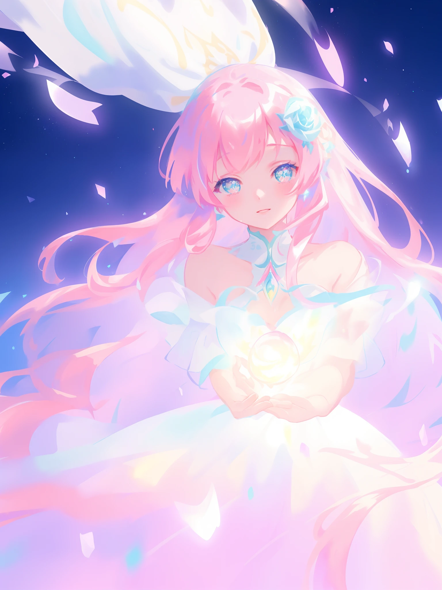 beautiful girl in glowing white dress, ((flowing white ballgown)), vibrant pastel colors, (colorful), magical lights, long flowing colorful pink hair, ((glowing aura around her)), flowing glowing hair, fantasia landscape background, whimsical, magical, fantasy, beautiful face, ((masterpiece, best quality)), intricate details, highly detailed, sharp focus, 8k resolution, sparkling detailed eyes, liquid watercolor
