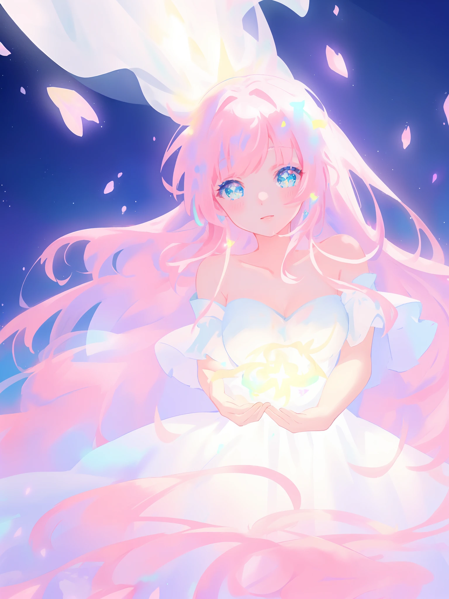 beautiful girl in glowing white dress, ((flowing white ballgown)), vibrant pastel colors, (colorful), magical lights, long flowing colorful pink hair, ((glowing aura around her)), flowing glowing hair, fantasia landscape background, whimsical, magical, fantasy, beautiful face, ((masterpiece, best quality)), intricate details, highly detailed, sharp focus, 8k resolution, sparkling detailed eyes, liquid watercolor