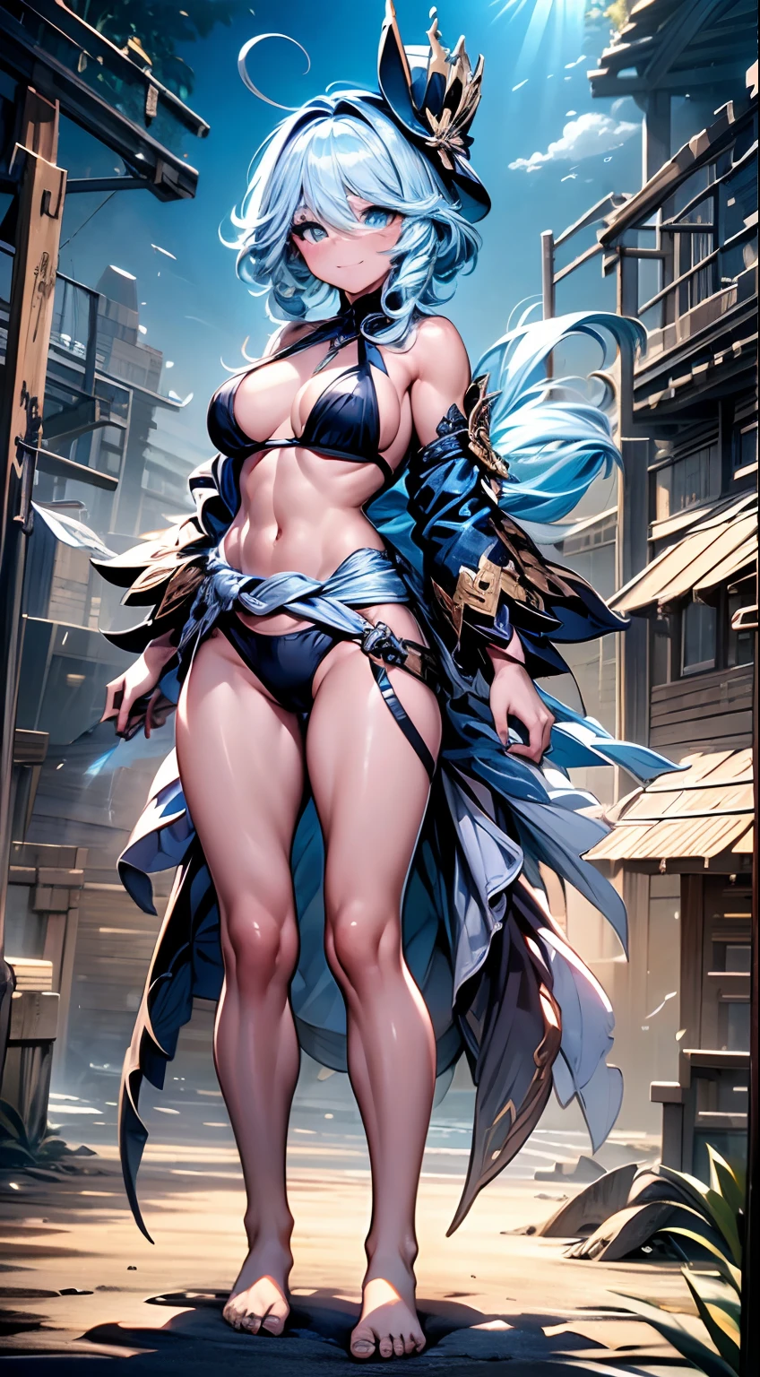 Furina from Genshin Impact), 1 girl, standing on the beach, nails painted blue, (((arms on waist))), (thong bikini), (((muscular legs))), muscular belly, standing, barefoot, (((full body photo))) , medium breasts, eye reflection, glowing eyes, glowing eyes, evil smile, anime, anime style, cinematic lighting, glare, jpeg artifacts, glowing light, divine rays, line tracing rays, panorama, Canon, UHD, masterpiece, textured skin, super detail, high details, best quality, high resolution, 16k