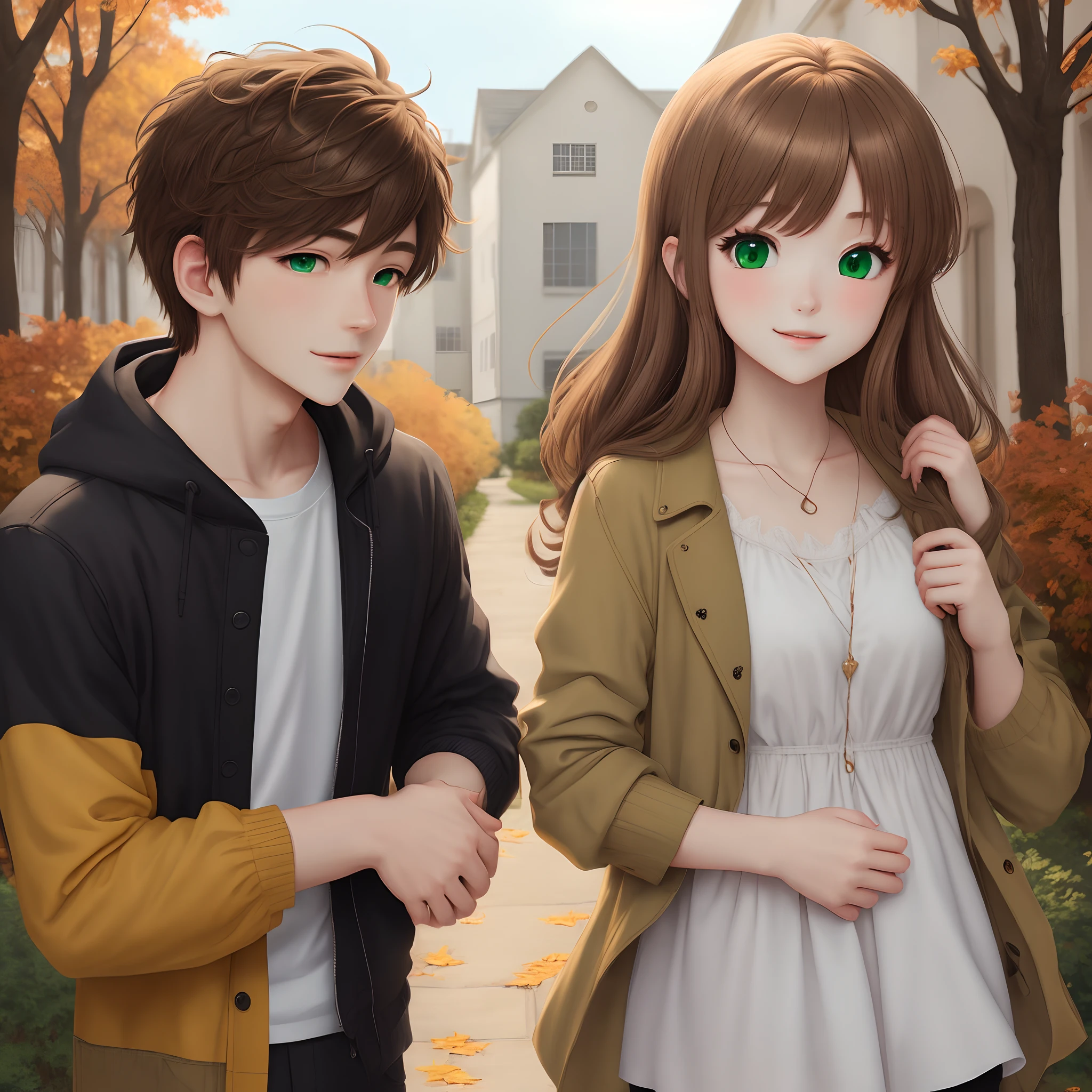 Anime couple in fall
Girl with light brown hair and green eyes
Boy with dark brown hair and hazel eyes