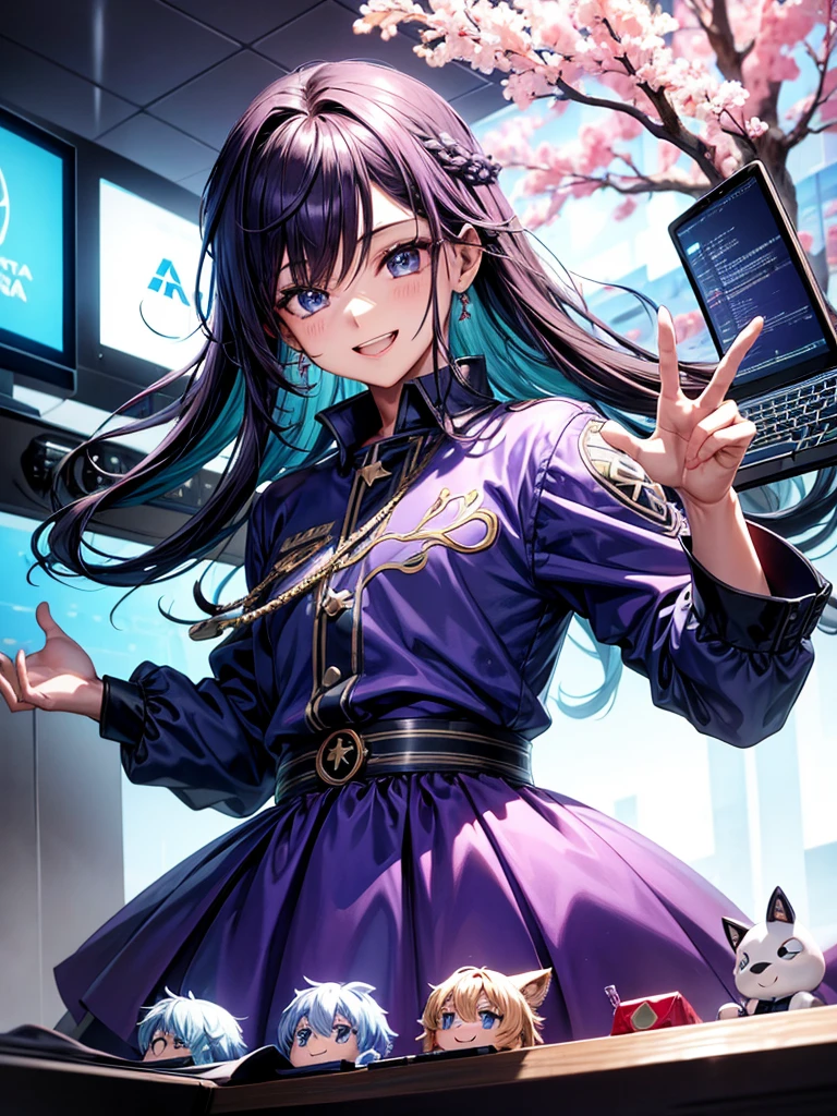 alta resolução, alta qualidade, Happy Gamer Boy anime With Detailed Smile Looking At Detailed Camera Sitting Playing Detailed, eyes super detailed, cabelo curto roxo e rosa detalhado, detailed hands, mesa detalhada, Detailed stuffed animal, 1 cadeira detalhada, Keyboard Hands 2: Detailed Typing, 10 fingers, 1 Computador gamer detalhado ambiente escuro detalhado, de costas, estilo anime roxo, azul e rosa detalhado, HD 4k, cena com estrelas