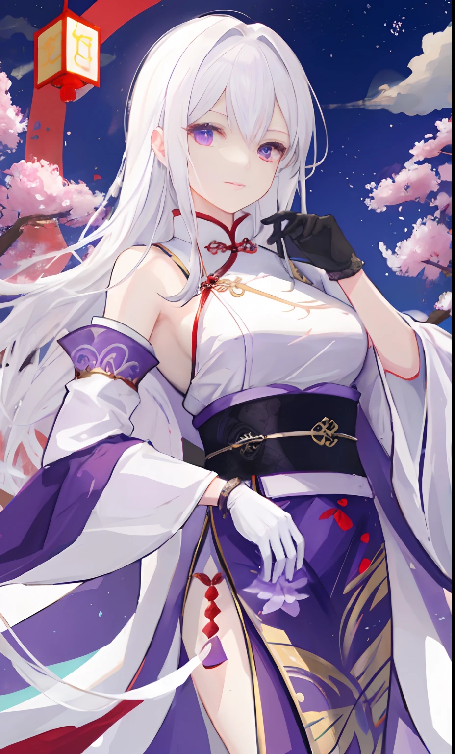 Two-dimensional painting style,Female emperor,Watching the view,,White hair,Wear purple robes,Long white gloves are worn on the elbows(Must be above the elbow),There is a dragon behind him,Chinese Ancient Architecture