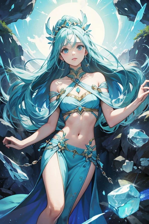 Pretty girl、adorable smiling、Blue Long Hair、Engaging pose、Elegant costumes、Show me your shoulders and stomach、Fantasia、Luminous Crystal、Crystal jade、constellation、a moon、Fantastic background