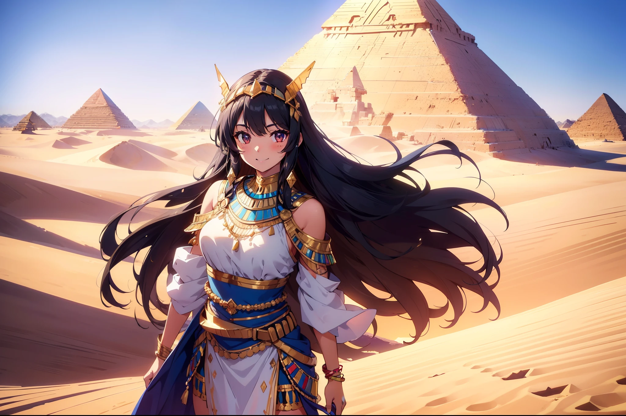 1 cute girl, egyptian traditional costume ,close to viewer, cowboy shot, standing in desert , character focus ,cinematic lighting, pyramid in distance,smile , ((masterpiece)), ((best quality)), ((ultra-detailed)), (illustration), ((an extremely delicate and beautiful))