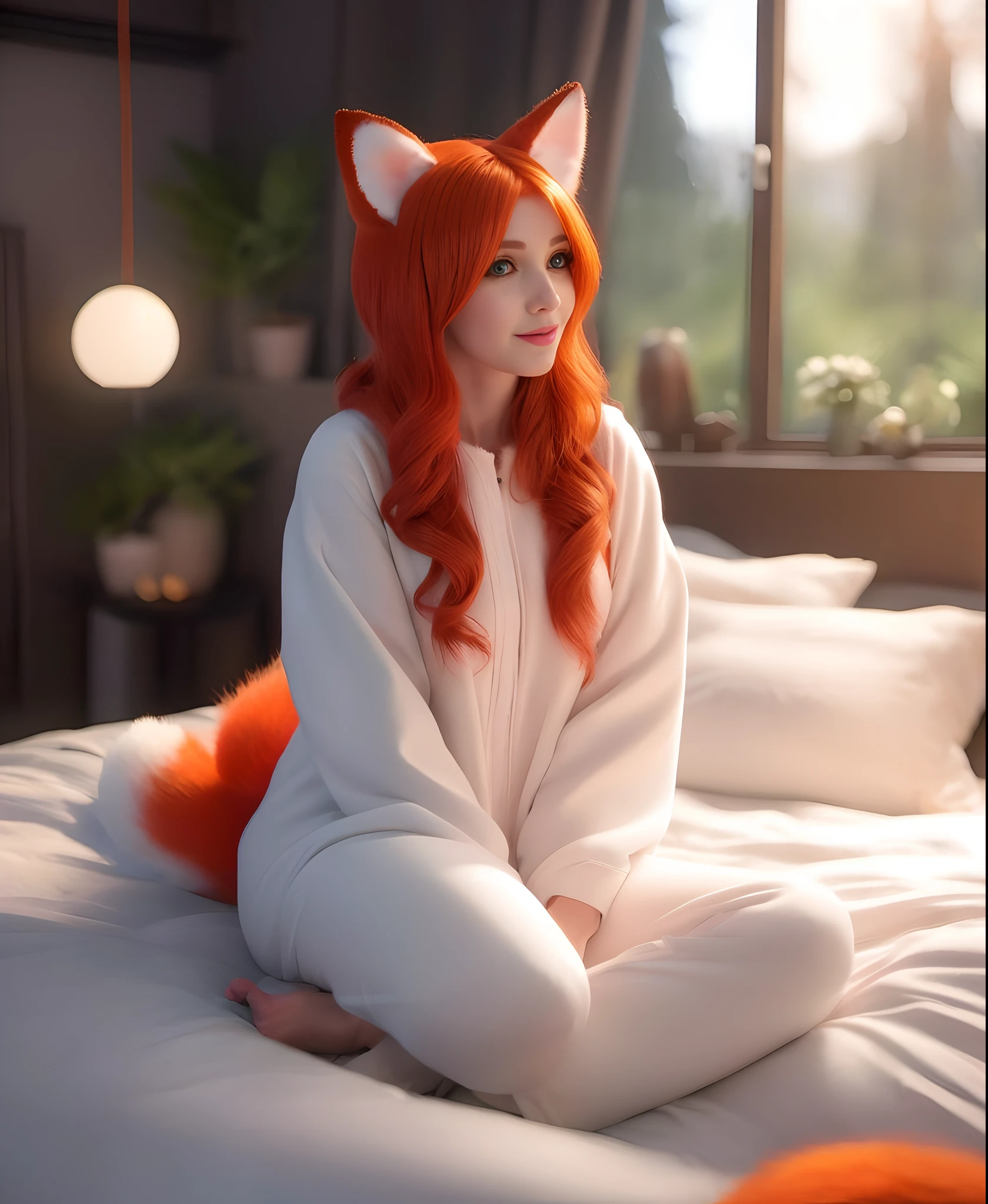 There's a woman sitting on a bed in a fox costume, raposa, uma bela raposa senhora, muito bonita gatinha fofa, Amouranth, uma raposa antro, mais conhecido como Amouranth, Kitsune, cabelo e pelo de gengibre, orelhas de raposa fofas, sentado na cama, raposa bonito, sentada em sua cama, sentado em uma cama