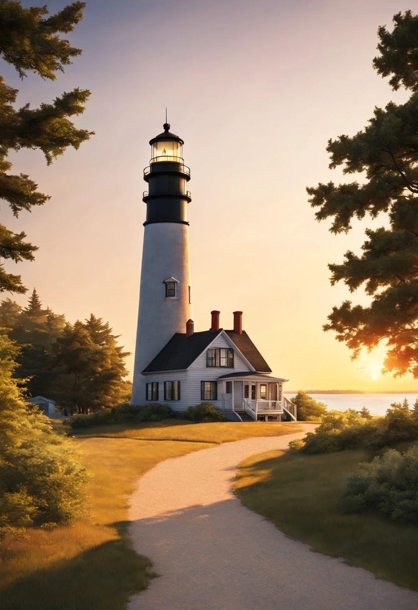 lighthouse on a cape in a small township in the northern united states, modern days, summer, warm sunset, soft light of the evening sun, setting sun, sea, trees, realistic, cinematic, soft colors, ultra quality, hyper realistic, super detailed