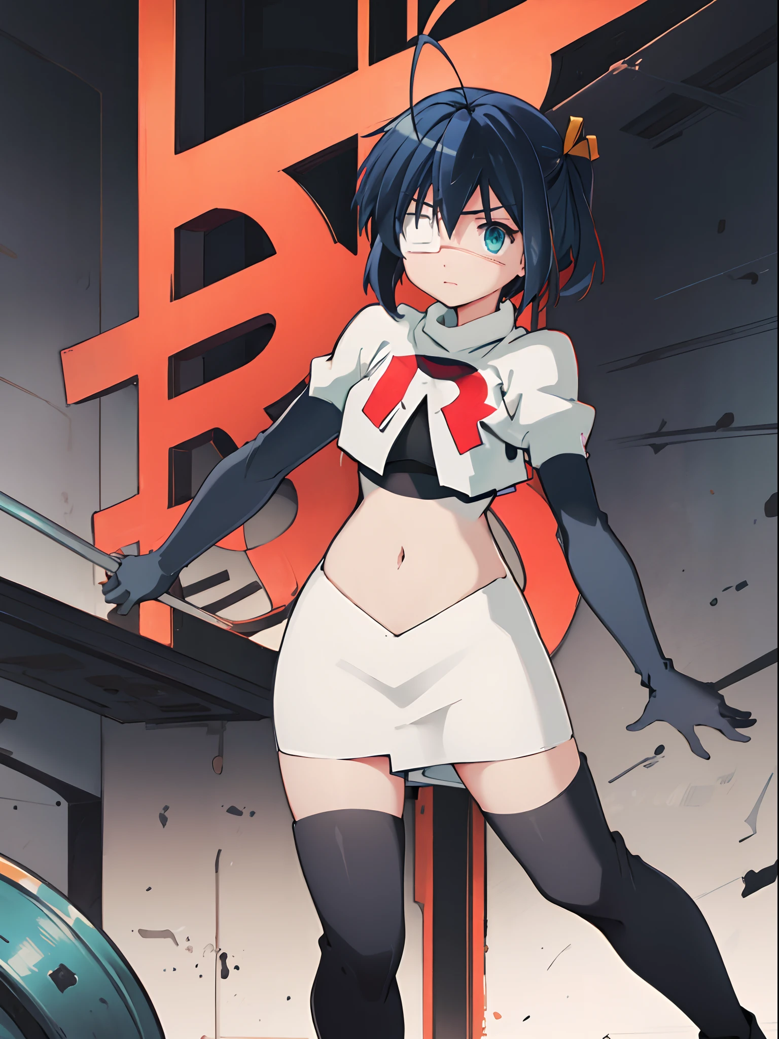 ph rikka, 1girl, :o, jacket, blazer, aqua eyes,team rocket,team rocket uniform,white skirt,crop top,black thigh-high boots,black elbow gloves,