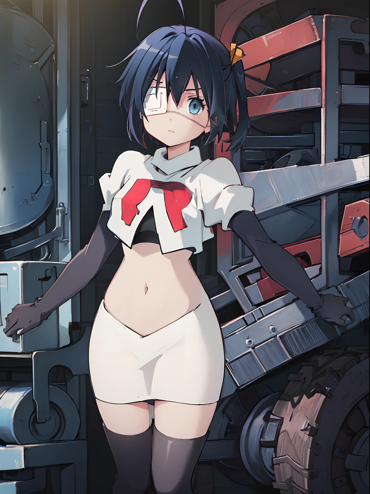 ph rikka, 1girl, :o, jacket, blazer, aqua eyes,team rocket,team rocket uniform,white skirt,crop top,black thigh-high boots,black elbow gloves,