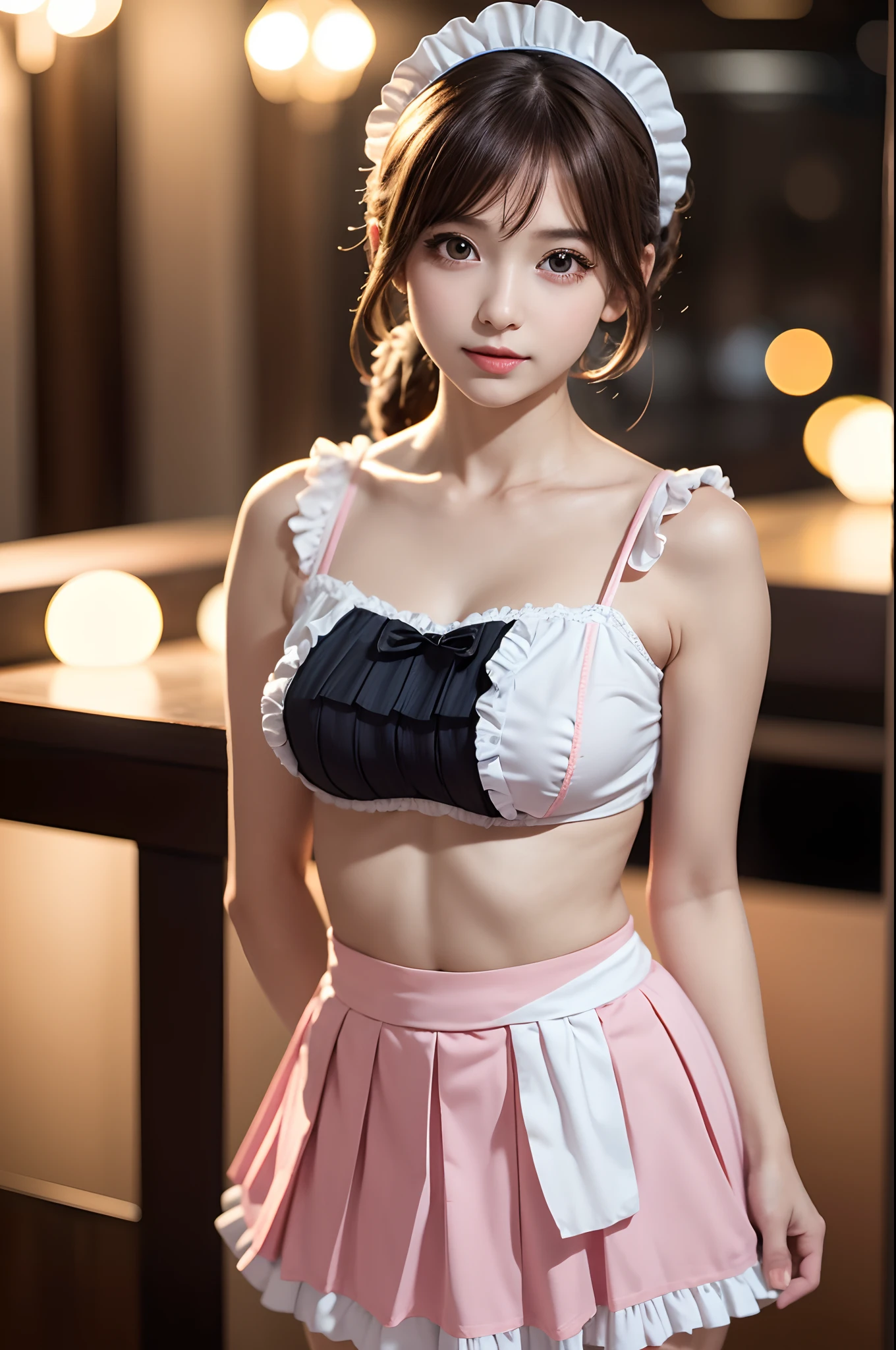 (1ung girls), Brown hair, Amazing face and eyes, Pink eyes, (Maid café costume with frills, Pleated mini-skirt:1.5), (Maid café costume with wide open chest:1.1), Beautiful breasts, bared  chest, (amazingly beautiful girl), Brown hair, Stylish hair ornaments, (Best Quality:1.4), (Ultra-detailed), (extremely detailed CG unified 8k wallpaper), Highly detailed, High-definition raw color photos, Professional Photography, Cute PINK Room, Pink bed, Pink lighting, (((Bokeh))), depth of fields,