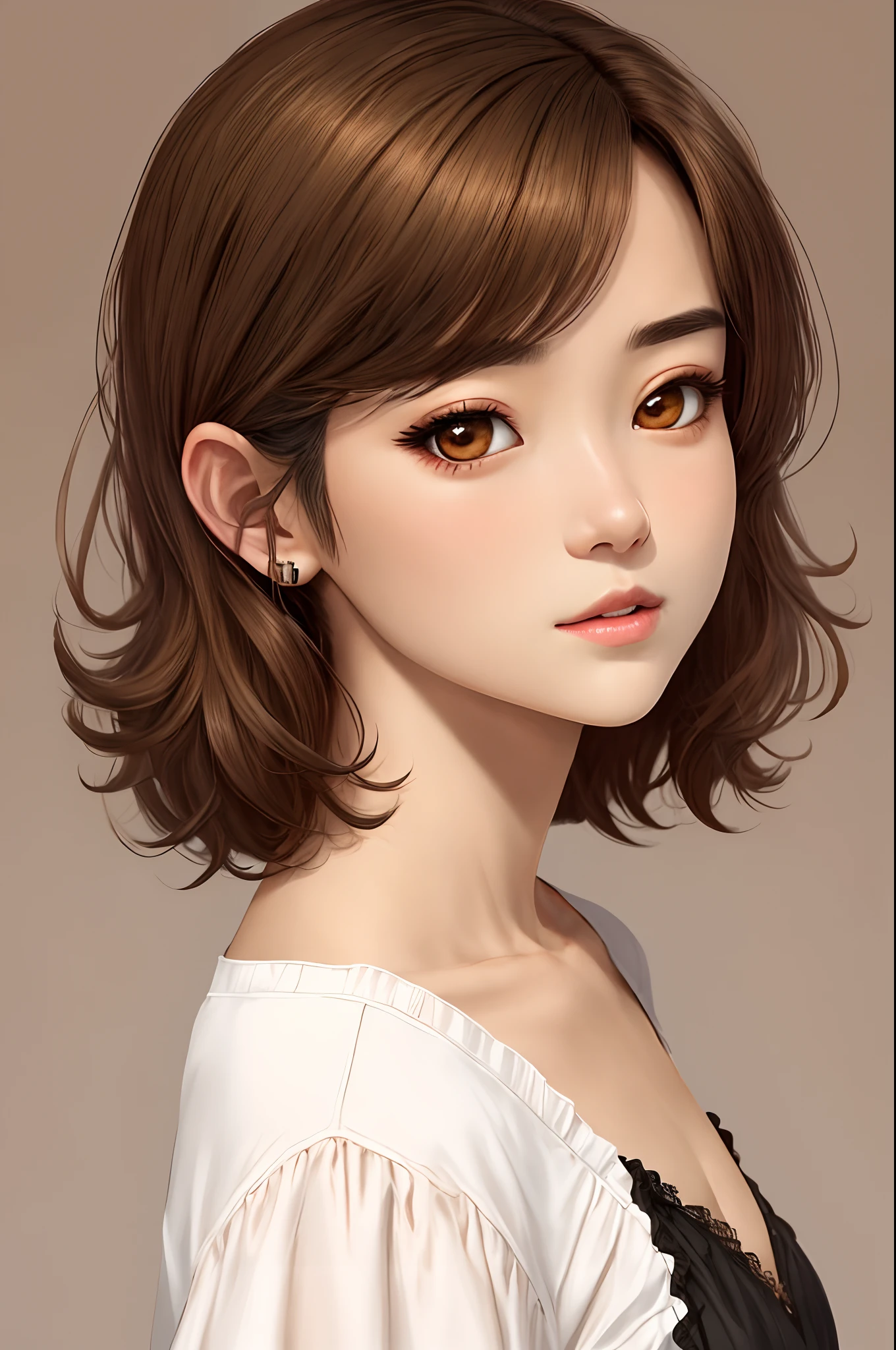 A light-skinned medium-haired brown girl with brown eyes in disney style