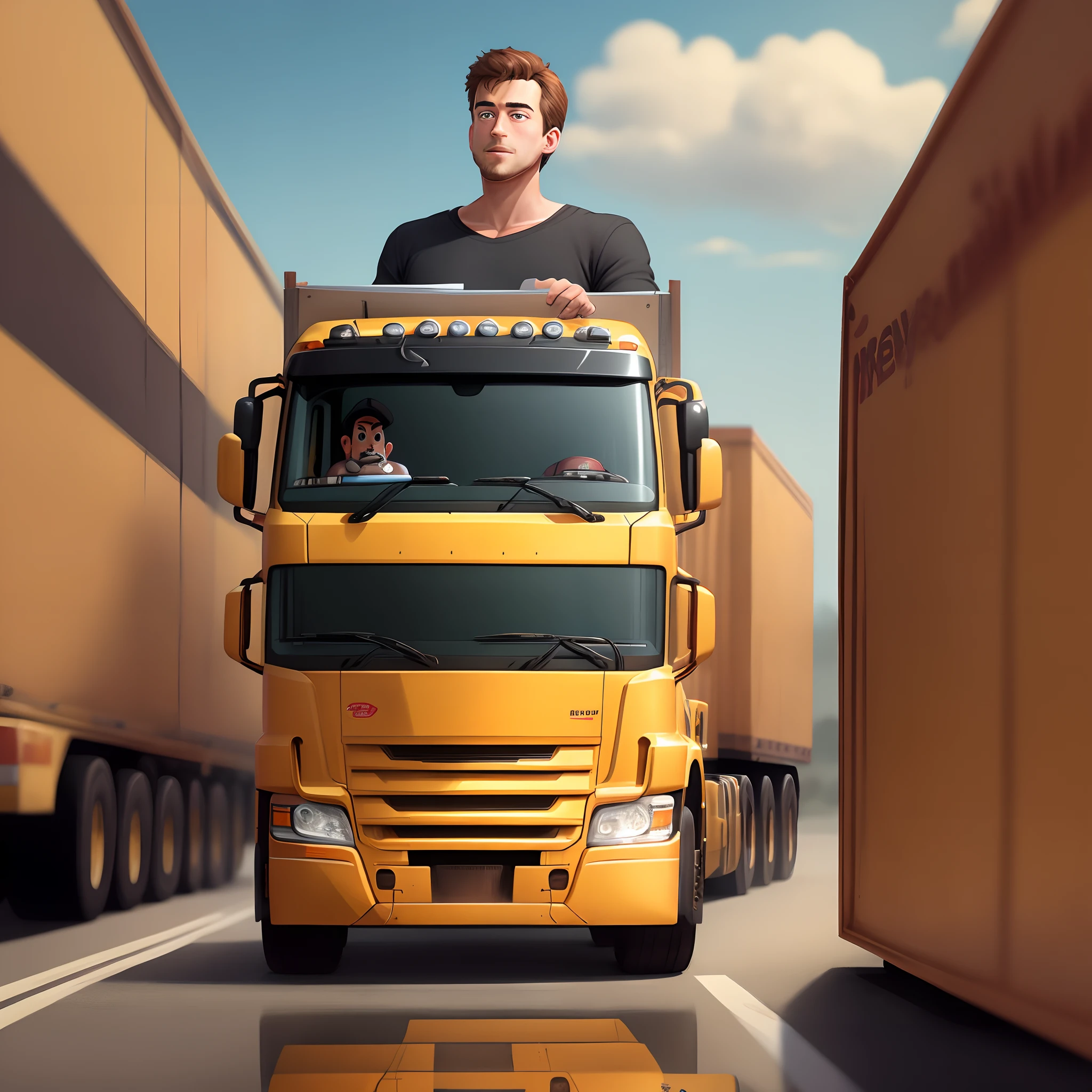 Pixar-style drawing of a man surrounded by ambev trucks with a clipboard in his hands wearing a black outfit, um  colete refletivo com barba e um topete