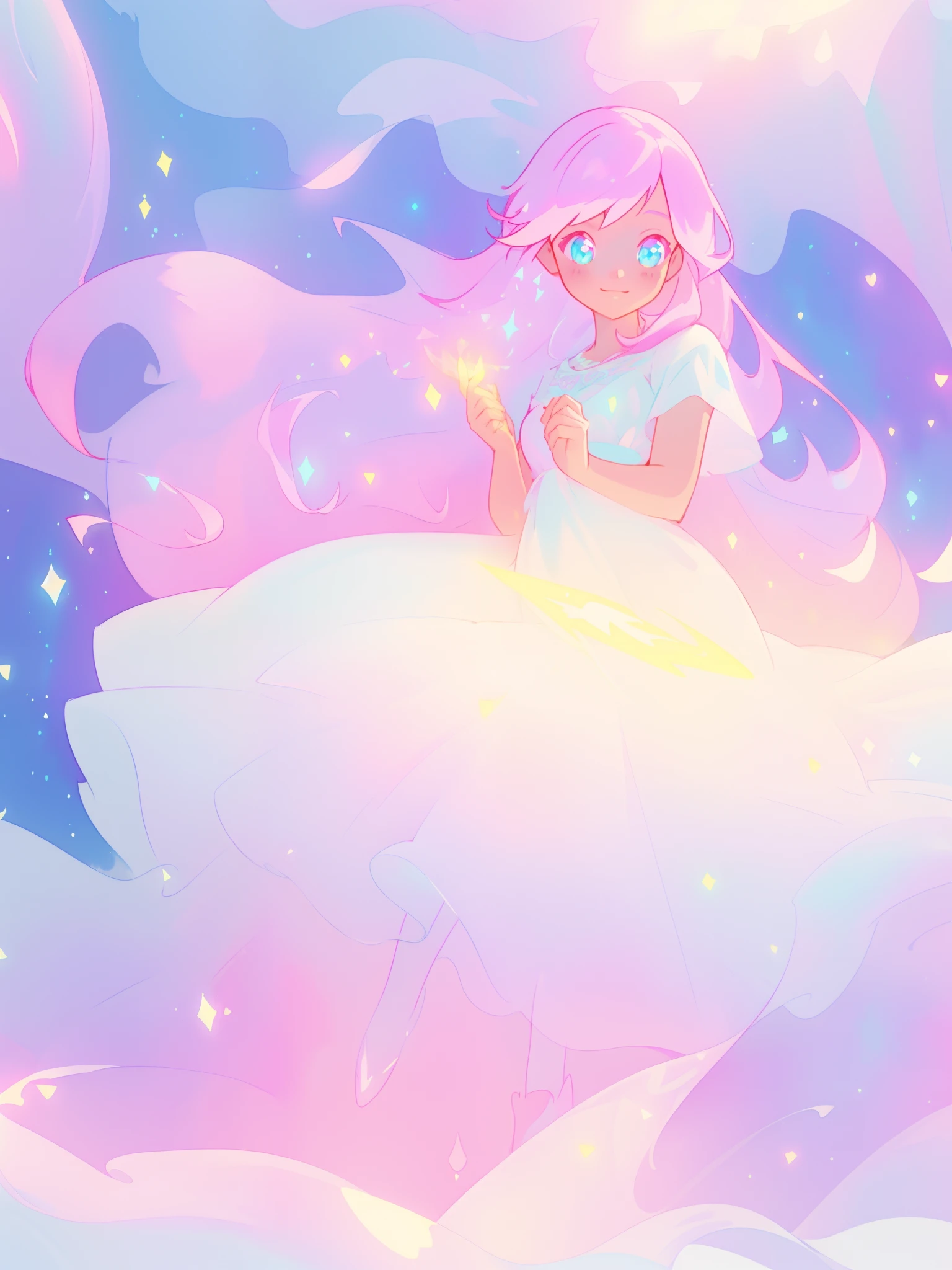 beautiful girl in glowing white dress, ((flowing white ballgown)), vibrant pastel colors, (colorful), magical lights, long flowing colorful pink hair, ((glowing aura around her)), flowing glowing hair, fantasia landscape background, whimsical, magical, fantasy, beautiful face, ((masterpiece, best quality)), intricate details, highly detailed, sharp focus, 8k resolution, sparkling detailed eyes, liquid watercolor
