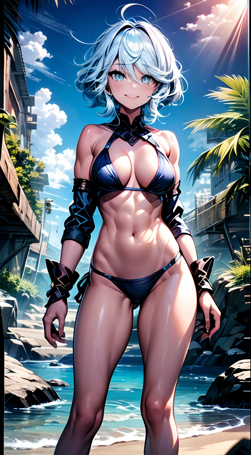 Furina from Genshin Impact), 1 girl, standing (on the beach), nails painted blue, (((arms on waist))), ((thong bikini)), (((muscular legs))), muscular belly , standing, barefoot, (short hair), (((full body photo))) , medium breasts, eye reflection, glowing eyes, glowing eyes, evil smile, anime, anime style, cinematic lighting, glare, jpeg artifacts , bright light, divine rays, ray tracing, panorama, Canon, UHD, masterpiece, textured skin, super detail, high details, best quality, high resolution, 16k
