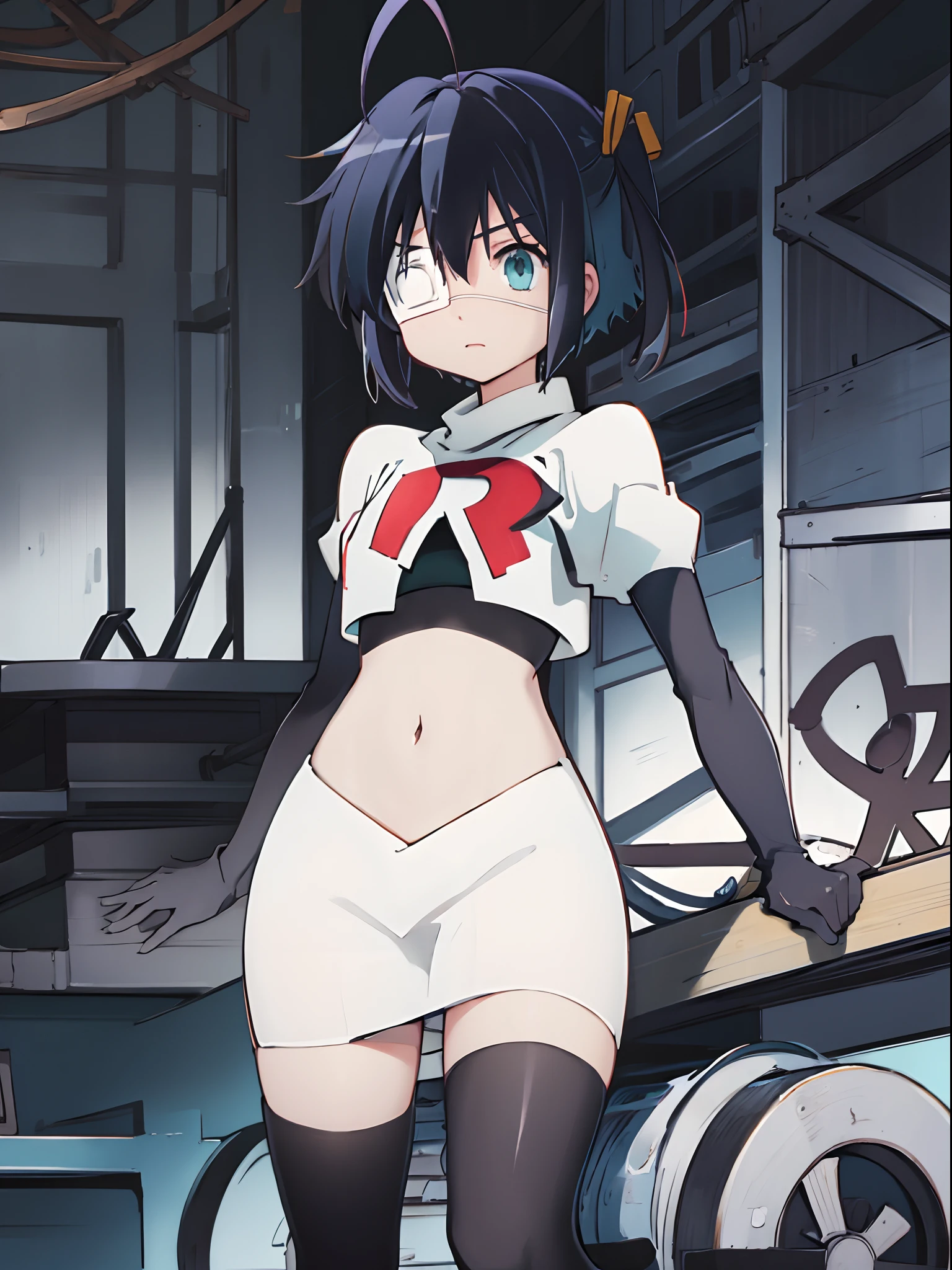 ph rikka, 1girl, :o, jacket, blazer, aqua eyes,team rocket,team rocket uniform,white skirt,crop top,black thigh-high boots,black elbow gloves,