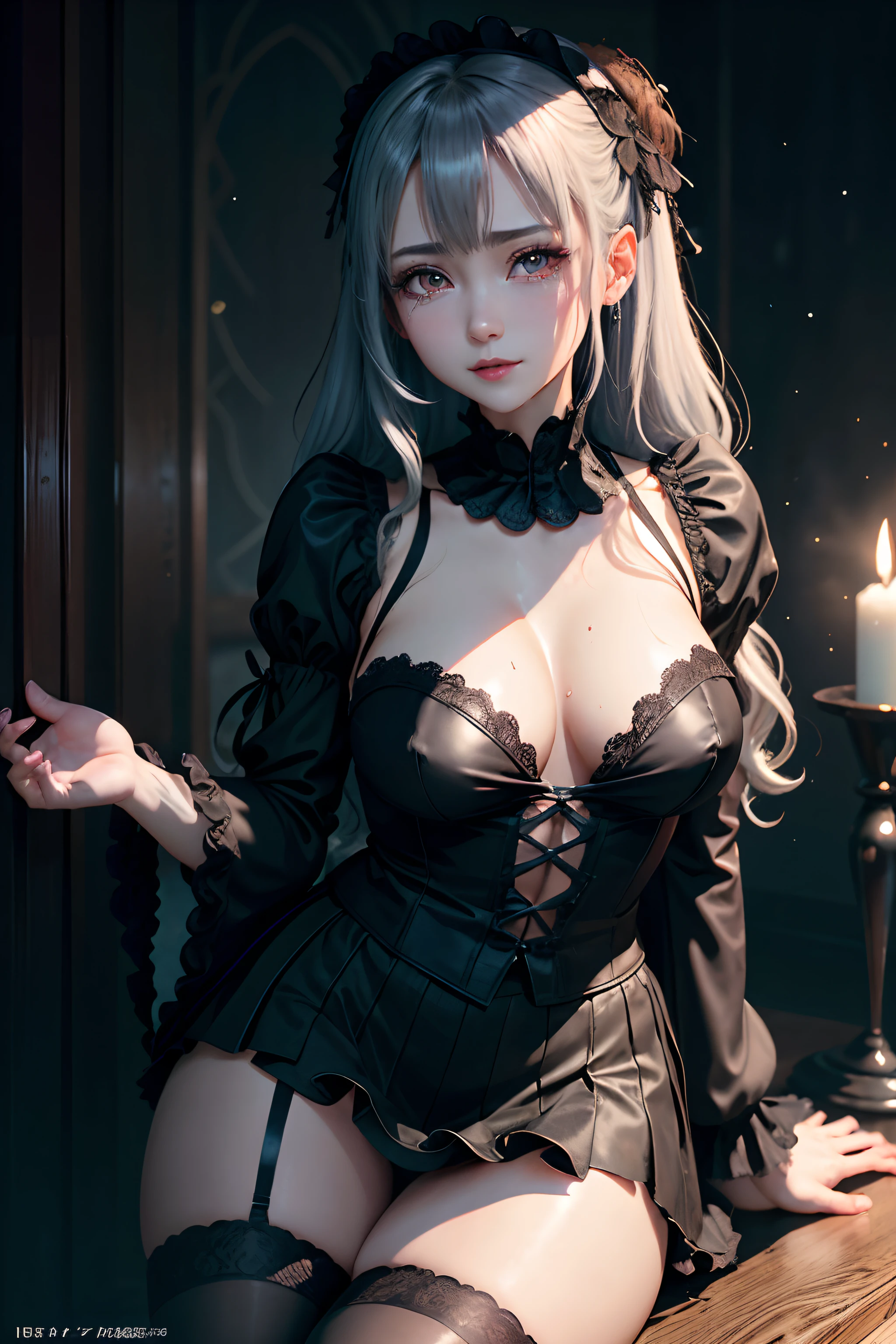 Hard Dark Gothic Makeup、Maniacal、Deep night sky、horor、Black Dark Eyeshadow、crying how bright、mourn、Good skin luster、Long hair straight hair、Dark Gothic Makeup、Dark smile、Restless Palace、Expressions of sexual arousal、Fragrant beauty、22year old、Lying、seductiv、Strong sexual pleasure facial expressions、A look of shame、Dark Gothic、Gothic lolita、bell sleeves、Wizard Sleeve、Obscene look、Stained glass background、masutepiece、Best Quality、Refers to 5 books、Sweat glitters on my chest、Expression of sexual pleasure in anguish、Drunken face、maid clothes、Mysterious、noble、Face holding back the toilet、Flirty gothic loli clothes、the body is wet and shiny、Transcendent sex appeal、sloppily open your legs、Glitter on thighs、I'm sweating a lot、Breast Size Medium、Affectionate smile、twin-tail hair、Bright silver hair、The thighs are quite wet、Jet black ruffled mini skirt、Glamour、Shaded、Blowing the vertical whistle、Blue eyes on the right, red eyes on the left、