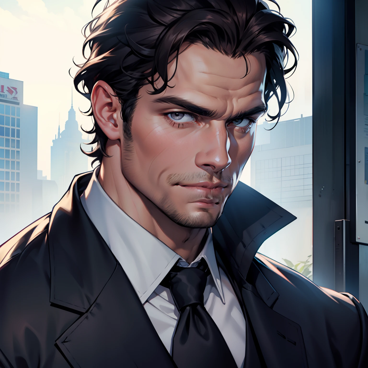 1 man,Handsome face, male face, is tall and imposing.His hair short,short hair, broad shoulders and a muscular frame. His face is handsome and your face is in profile, with sharp features and piercing, intelligent gray eyes,detailed face,male jawline,masculine figure,wearing suit,social clothes,elegant,charming elegant,so masculine,Henry Cavill face,Henry cavill