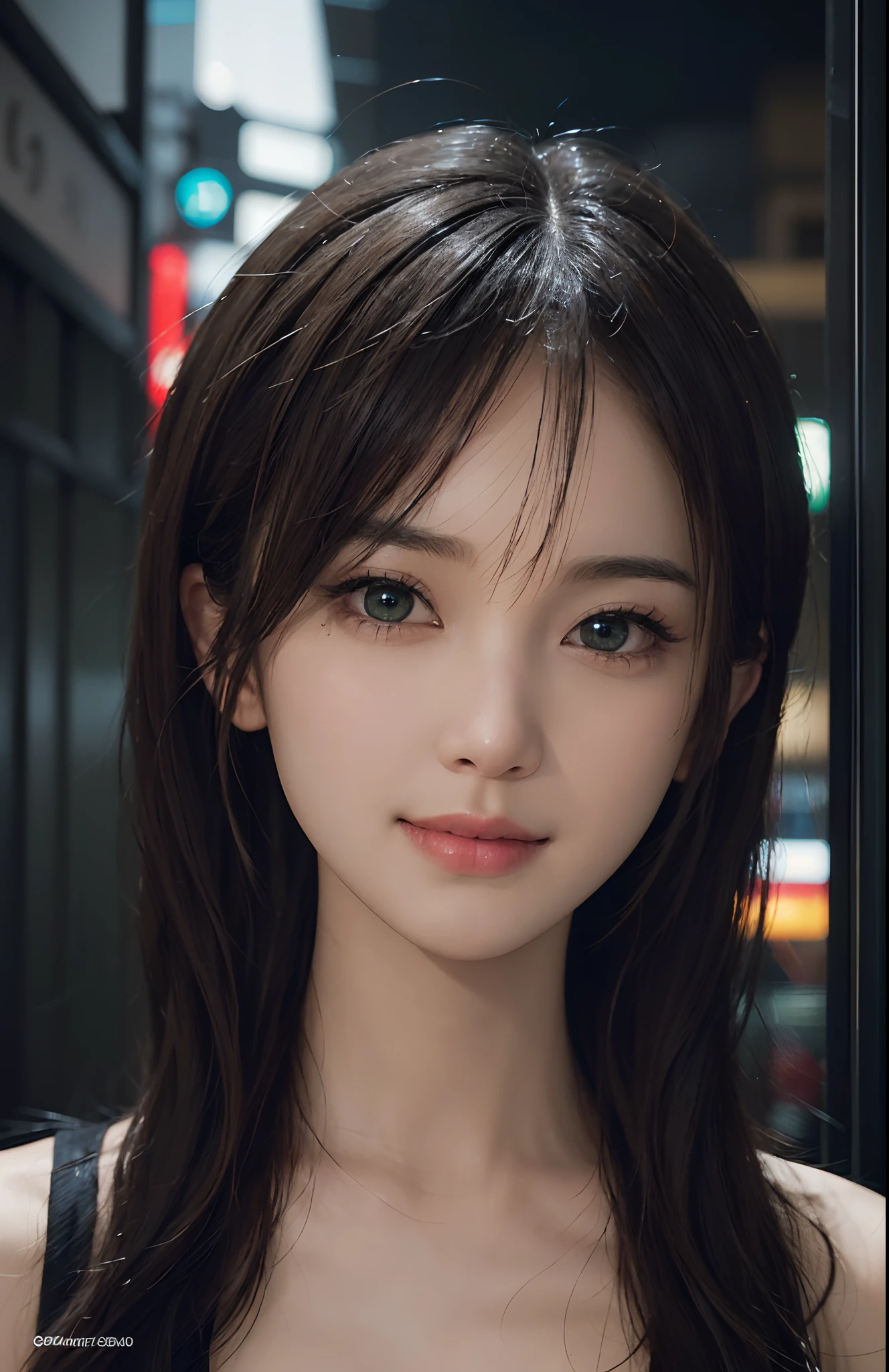 Masterpiece, 1 Beautiful Girl, Detailed Eyes, Swollen Eyes, Best Quality, Ultra High Resolution, (Reality: 1.4), Original Photo, 1Girl, Green Eyes, Cinematic Lighting, Smiling, Japanese, Asian Beauty, Korean, Clean, Super Beautiful, Little Young Face, Beautiful Skin, Slender, Cyberpunk (ultra realistic), (illustration), (high resolution), (8K), (very detailed), (best illustration), (beautifully detailed eyes), (super detailed), (wallpaper), (detailed face), viewer looking, fine details, detailed face, in the dark, deep shadow, low key, pureerosfaceace_v1, smile, Long hair, Straight hair, 46 point diagonal bangs