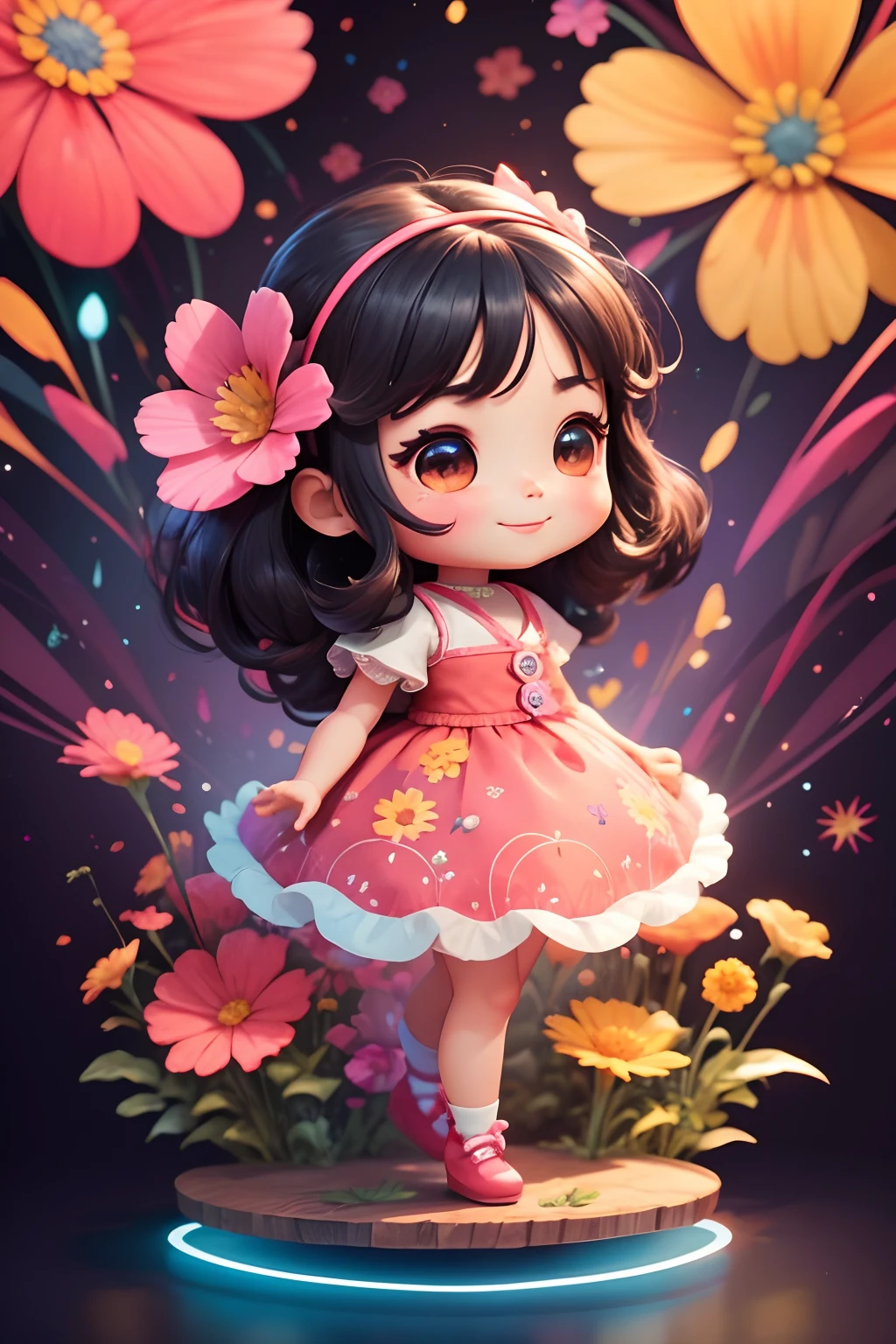 Extremely detailed,(Fractal Art:1.1),(Colorful:1.1)(Flowers:1.3)、 (Dynamic Pose), (Abstract background:1.3)、(Many colors:1.4)、Place one small doll on a circular stand、kawaii pose、A smile、A dark-haired、Chibi Doll、Stars in the eyes(kirakira)、Singing with microphone in hand、Eye Up、Laugh、Cute red shoes、Ultra Detail, radiant light、bio luminescent、Stronger bokeh effect、Taken from the side