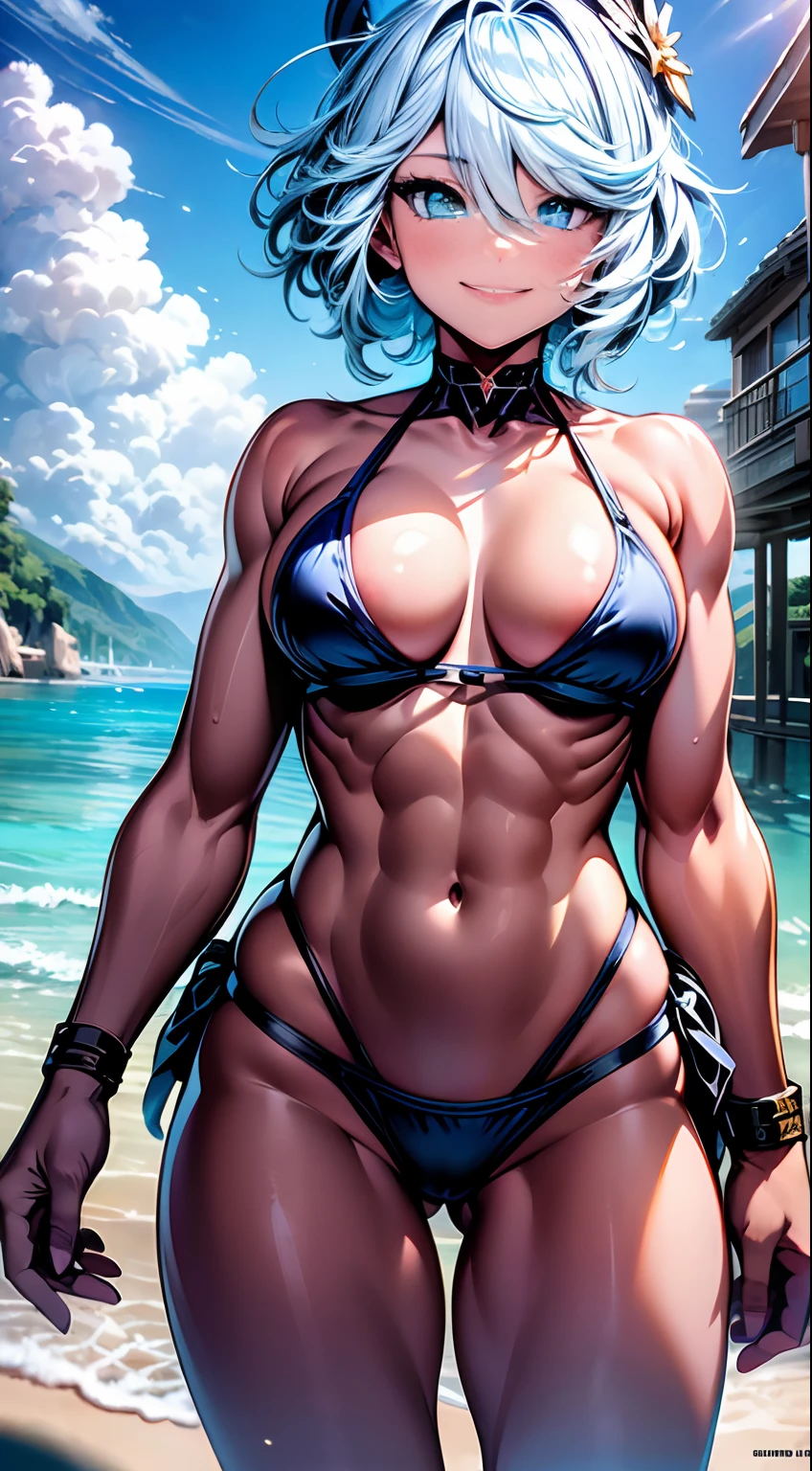 Furina from Genshin Impact), 1 girl, standing (on the beach), nails painted blue, (((arms on waist))), ((thong bikini)), (((muscular legs))), muscular belly , standing, barefoot, (short hair), (((full body photo))) , medium breasts, eye reflection, glowing eyes, glowing eyes, evil smile, anime, anime style, cinematic lighting, glare, jpeg artifacts , bright light, divine rays, ray tracing, panorama, Canon, UHD, masterpiece, textured skin, super detail, high details, best quality, high resolution, 16k