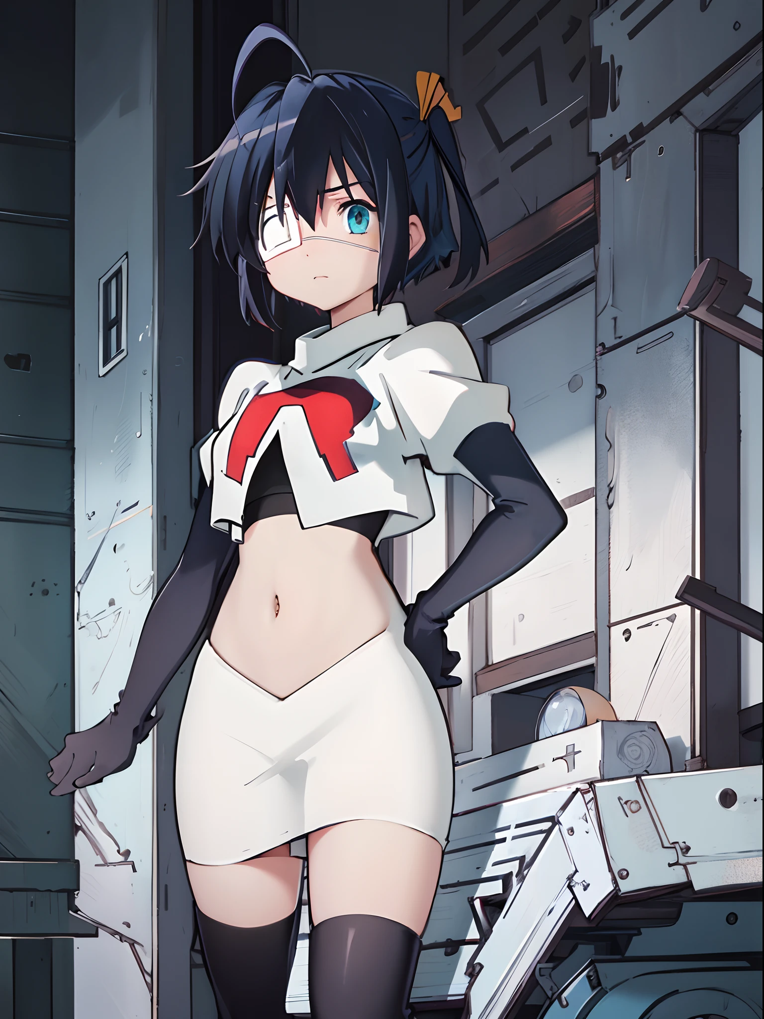 ph rikka, 1girl, :o, jacket, blazer, aqua eyes,team rocket,team rocket uniform,white skirt,crop top,black thigh-high boots,black elbow gloves,