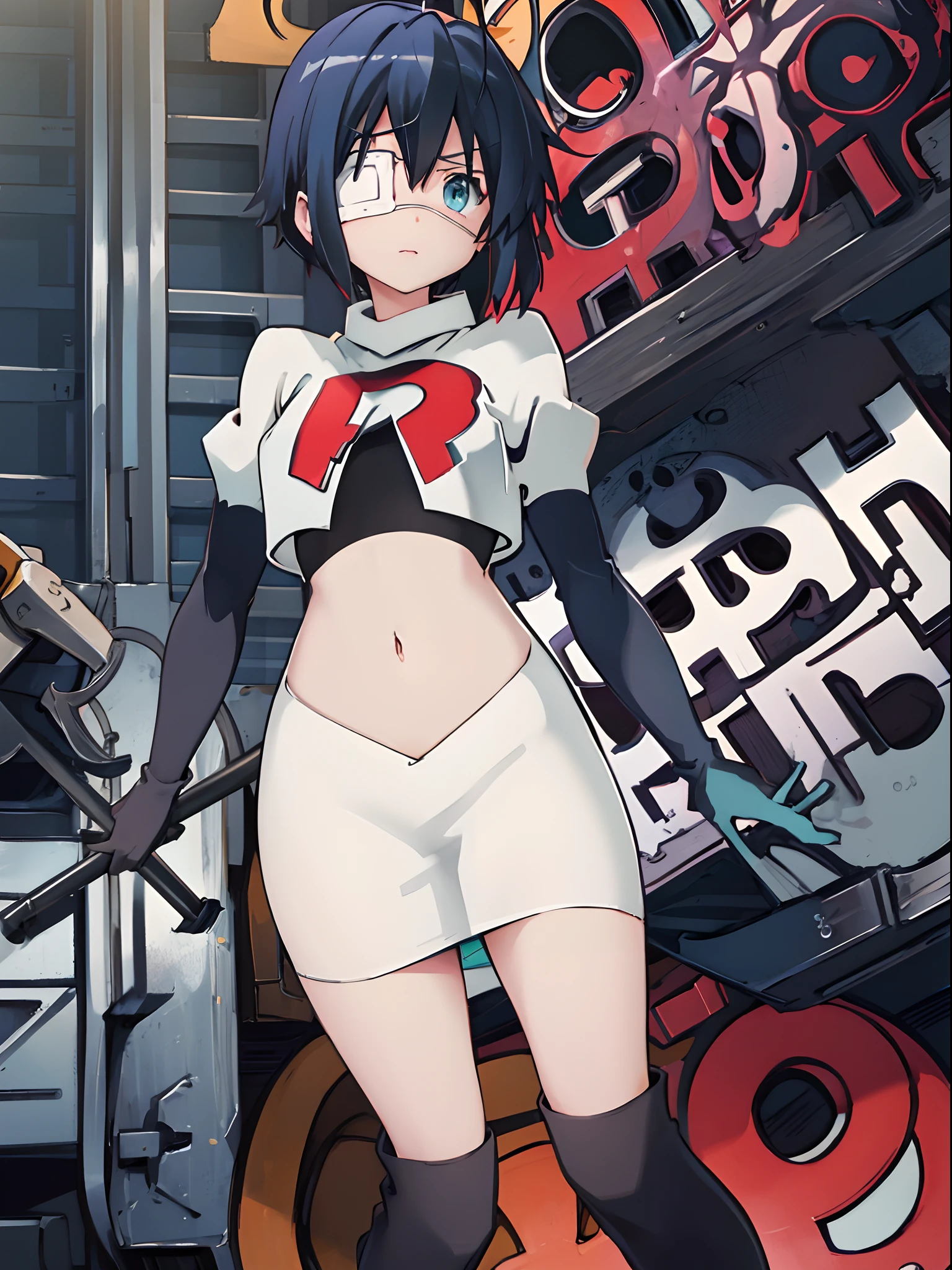 ph rikka, 1girl, :o, jacket, blazer, aqua eyes,team rocket,team rocket uniform,white skirt,crop top,black thigh-high boots,black elbow gloves,