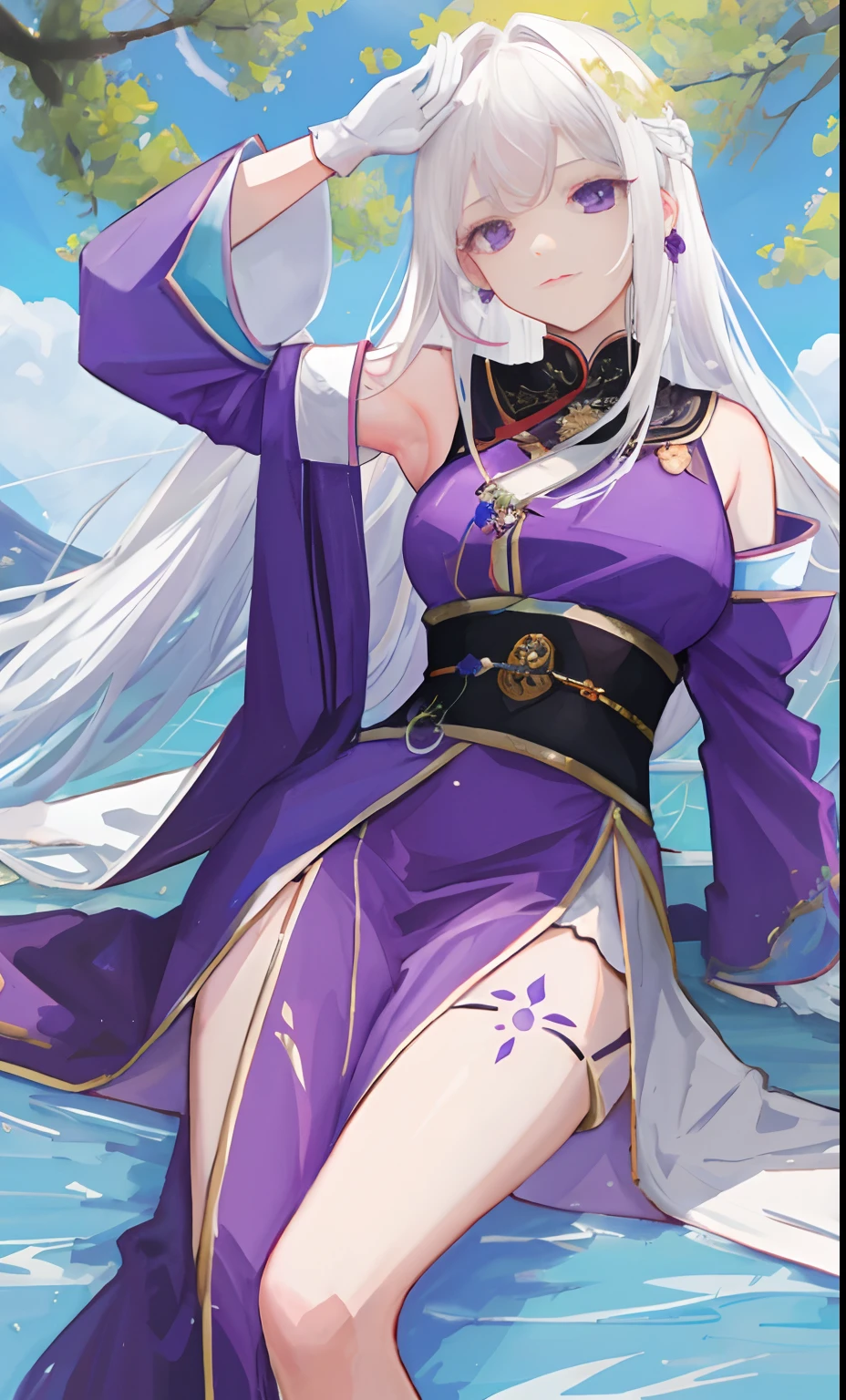 Two-dimensional painting style，female emperor，Watching the view，，White hair，Wear purple robes，Long white gloves are worn on the elbows(Must be above the elbow)，Lie under a tree