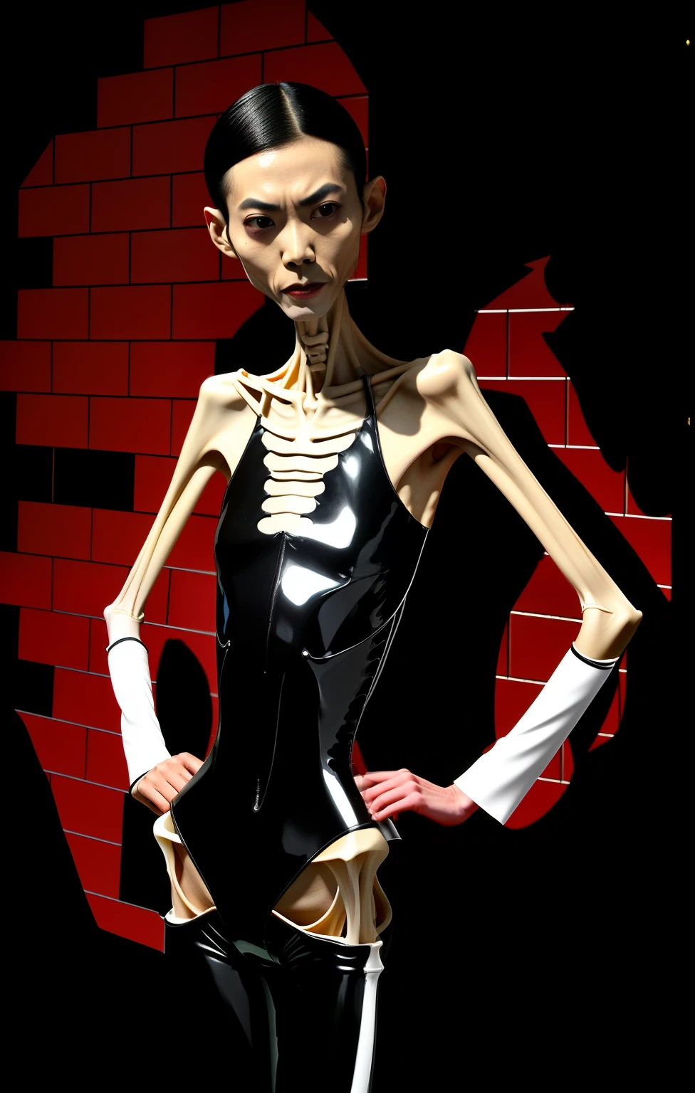 Extremely thin man, A thin body,Protruding sternum,The waist is slender,The ribs are noticeable,Protruding ribs,The pelvis is very pronouncedly protruding,The pelvis is markedly elevated,White skin of the,Thin shoulders,Very slim waist,Extremely skinny,Sunken abdomen,Vacuum belly,Skin and bones,short detailed hair,Haggard face,Wear tight latex clothing,Asian face,The body is as thin as a skeleton,look of anguish,Hungry and weak,Incompetent men