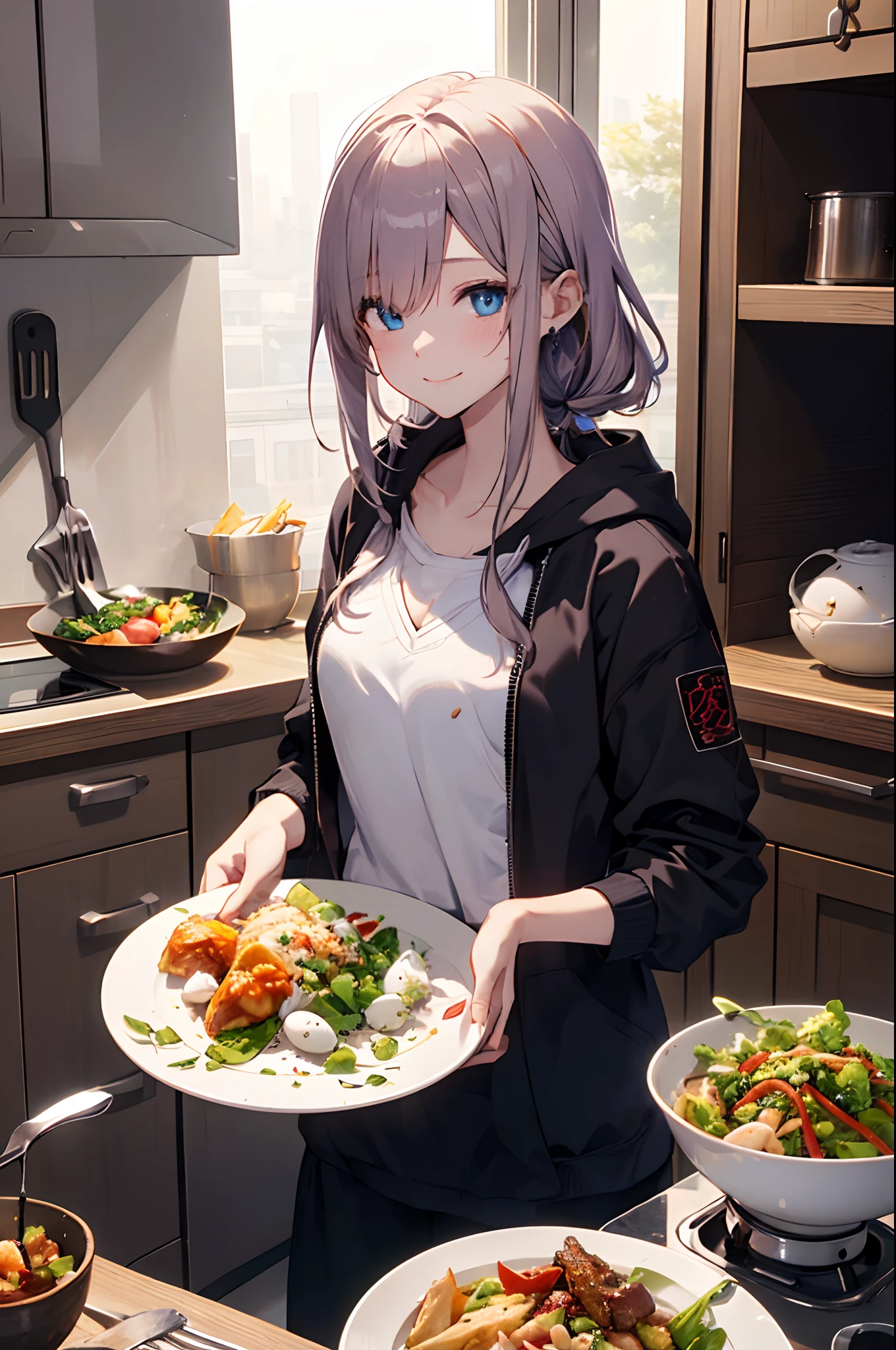 (Girl with a nasty appearance:1.3)、(Midnight time:1.5)、(and chest:1.4)、Raw photography, top-quality, hight resolution, (masterpiece), (Photorealsitic:1.4), (Mole under the eyes),Anime Cosplay, foco nítido, nffsw, 8K分辨率, intricate detailes, depth of fields, the Extremely Detailed CG Unity 8K Wallpapers, front lit, femele,25-years old、 Happy face,Smiling、Bangs covering one eye、(tying hair:1.5)、(Medium Showtrain Bo Hair)、(Big hoodie)、blue eyess,(Dining kitchen:1.5)、(Cooking:1.3)、(Full body depiction)、Fiddling with your phone:1.2)、The world shining through the window、wining、Chinese food、Egg dishes、salad