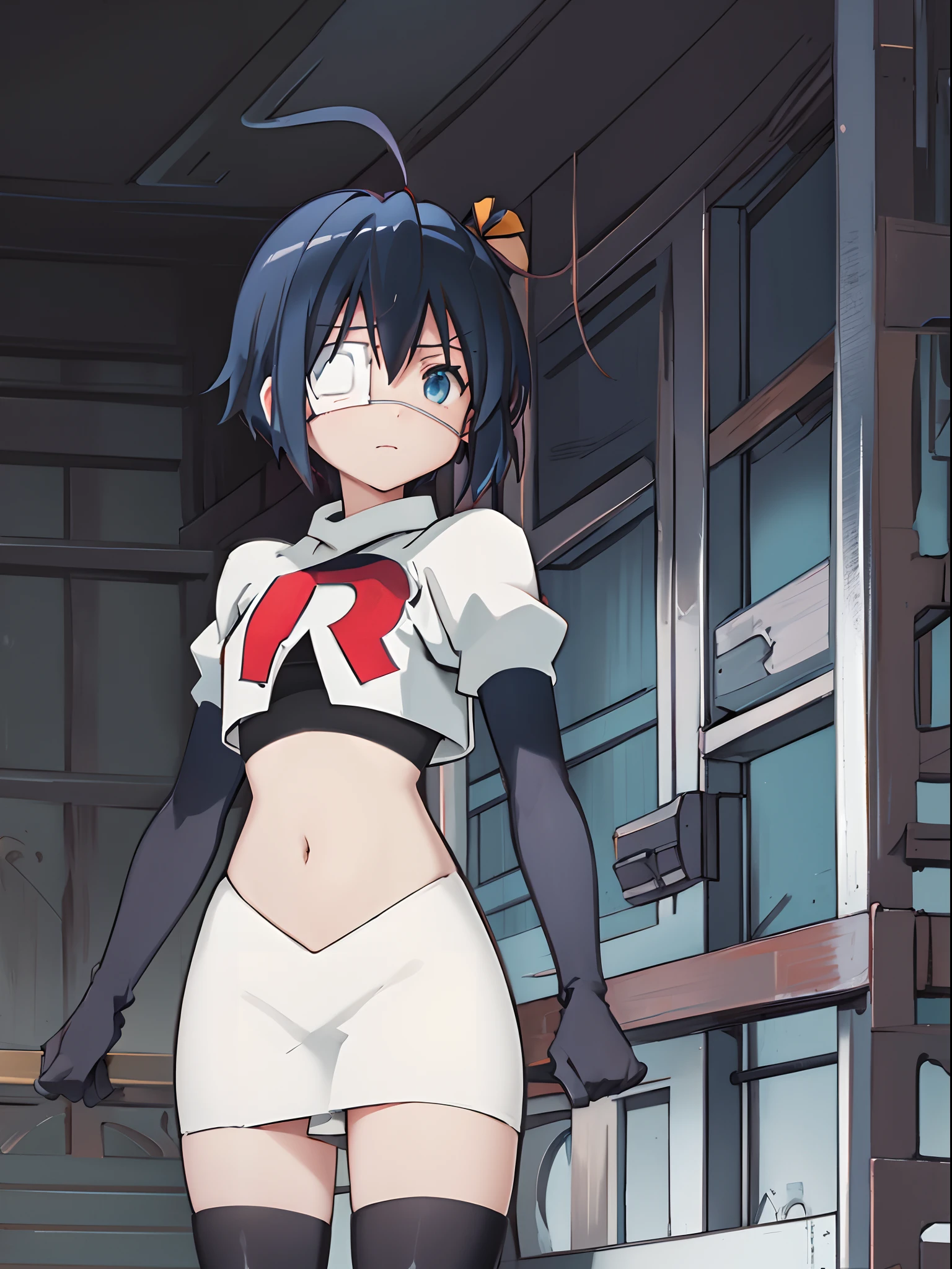 masterpiece, best quality, (colorful),(delicate eyes and face), volumetric light, ray tracing, extremely detailed CG unity 8k wallpaper, miyu edelfelt, magicalgirluniform, 1girl, solo, breasts, looking at viewer, twintails, small breasts, magical girl, x hair ornament, team rocket,team rocket uniform, red letter R, white skirt,white crop top,black thigh-highs,black elbow gloves